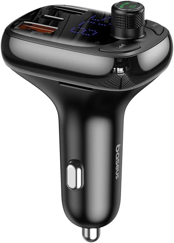 شارژر فندکی خودرو باسئوس مدل T Shaped S-13 با توان 36 وات، فرستنده FM بلوتوثی با نمایشگر LED، آداپتور 12V-24V، شارژر سریع دوگانه USB برای آیفون 16 پرو مکس و غیره