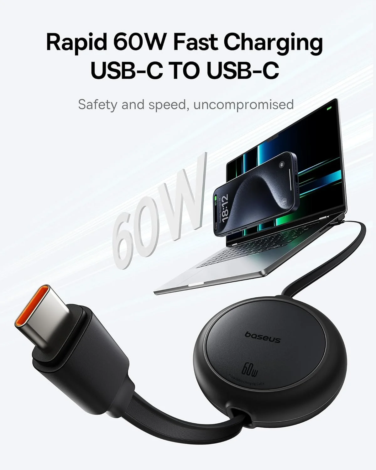 کابل USB C بیسوس، کابل شارژ سریع 60 واتی جمع شونده USB C به USB C PD 3A، کابل شارژر USB Type C با طول از پیش تعیین شده 4 مرحله ای برای آیفون 15/پرو/پلاس/مکس، مک بوک، آیپد پرو، گلکسی S24/S23