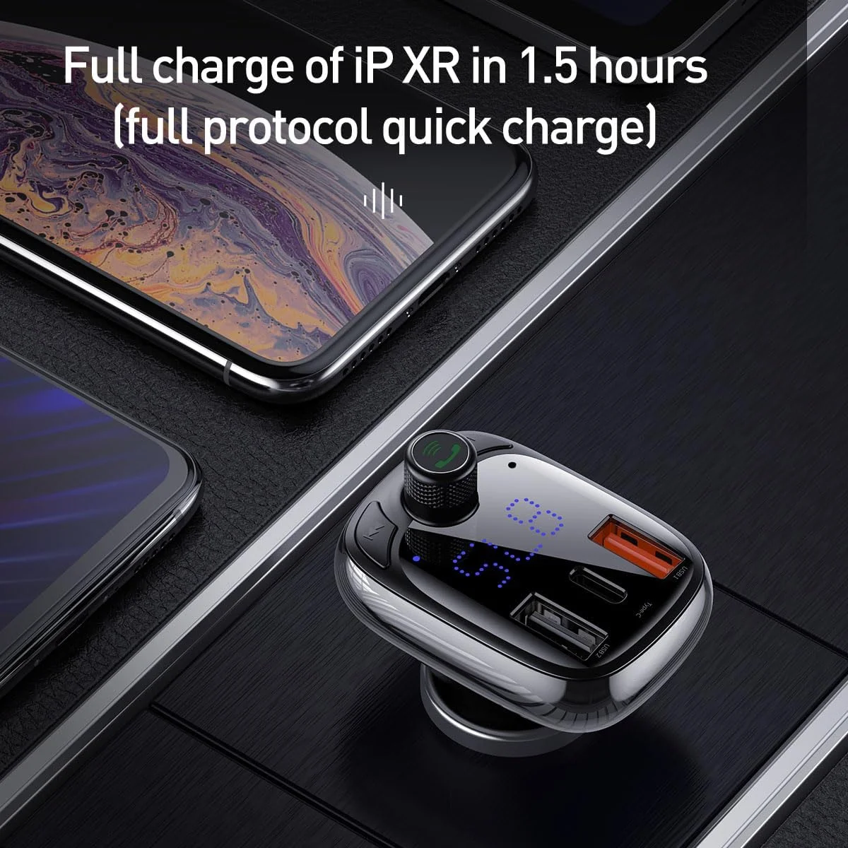 شارژر فندکی خودرو باسئوس مدل T Shaped S-13 با توان 36 وات، فرستنده FM بلوتوثی با نمایشگر LED، آداپتور 12V-24V، شارژر سریع دوگانه USB برای آیفون 16 پرو مکس و غیره