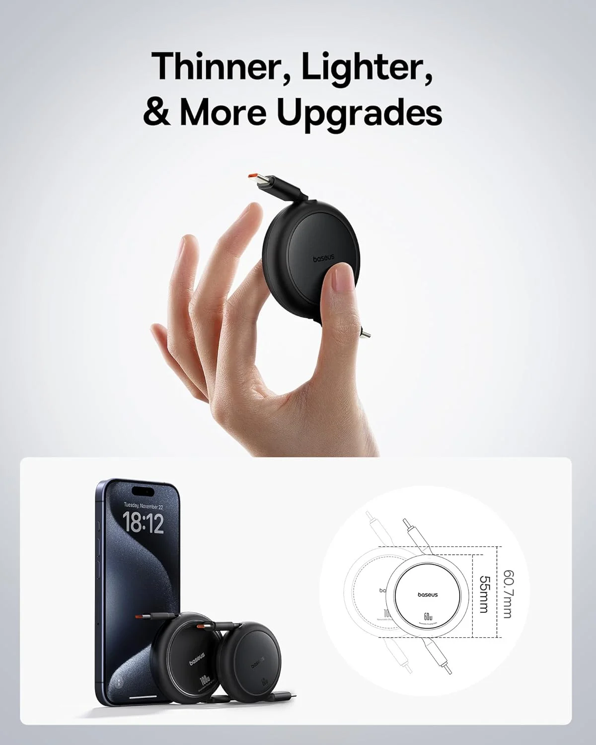 کابل USB C بیسوس، کابل شارژ سریع 60 واتی جمع شونده USB C به USB C PD 3A، کابل شارژر USB Type C با طول از پیش تعیین شده 4 مرحله ای برای آیفون 15/پرو/پلاس/مکس، مک بوک، آیپد پرو، گلکسی S24/S23