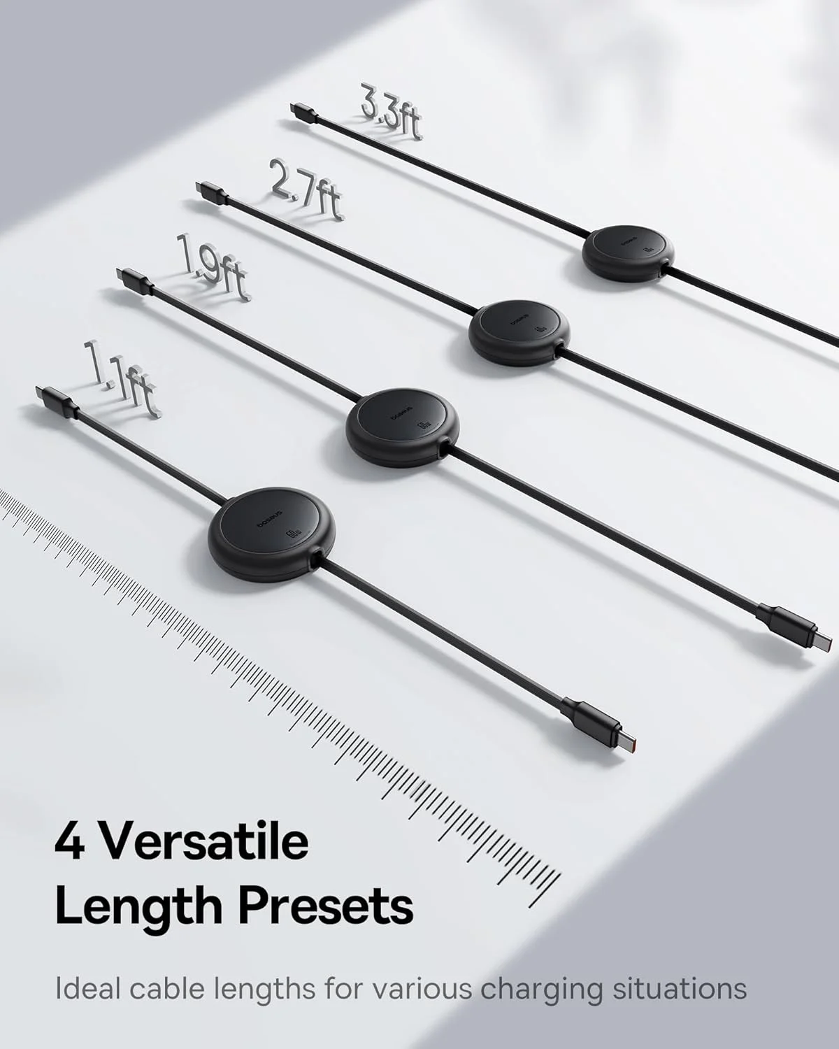 کابل USB C بیسوس، کابل شارژ سریع 60 واتی جمع شونده USB C به USB C PD 3A، کابل شارژر USB Type C با طول از پیش تعیین شده 4 مرحله ای برای آیفون 15/پرو/پلاس/مکس، مک بوک، آیپد پرو، گلکسی S24/S23