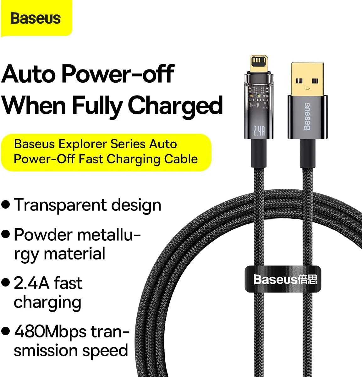 کابل شارژ سریع USB به لایتنینگ Baseus PD 2.4A، کابل انتقال داده با سرعت بالا با روکش نایلونی و قطع خودکار جریان، سازگار با iPhone 14 13 12 11 Pro Max, XS X 8 7 6, iPad, AirPods Pro (1 متری) - مشکی