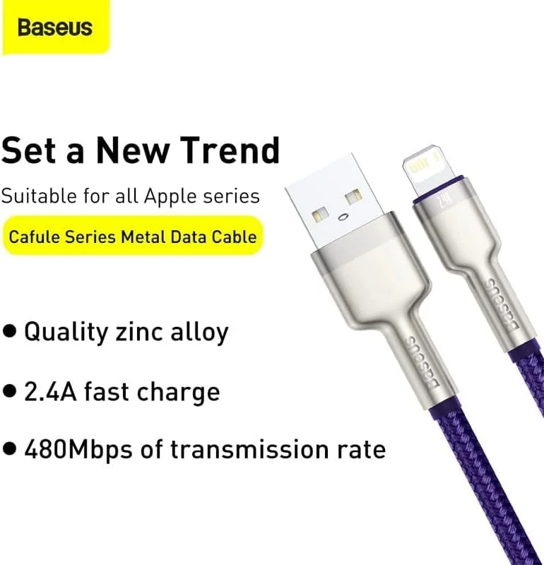 کابل شارژ سریع USB به لایتنینگ Baseus Cafule Series PD 2.4A، کابل انتقال داده 480 مگابیت بر ثانیه بافته شده نایلونی سازگار با آیفون 14، 13، 12، 11 پرو مکس، XS، XR، X، 8، آیپد و غیره (1 متر) - بنفش