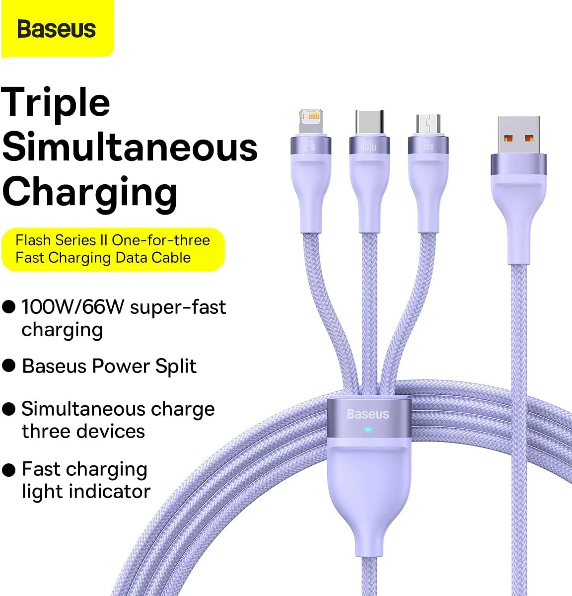 کابل شارژ سریع USB Type C سه سر Baseus 100W Flash Series II، طول 1.2 متر، بنفش کابل شارژ سریع USB Type C سه سر Baseus 100W Flash Series II، طول 1.2 متر، بنفش