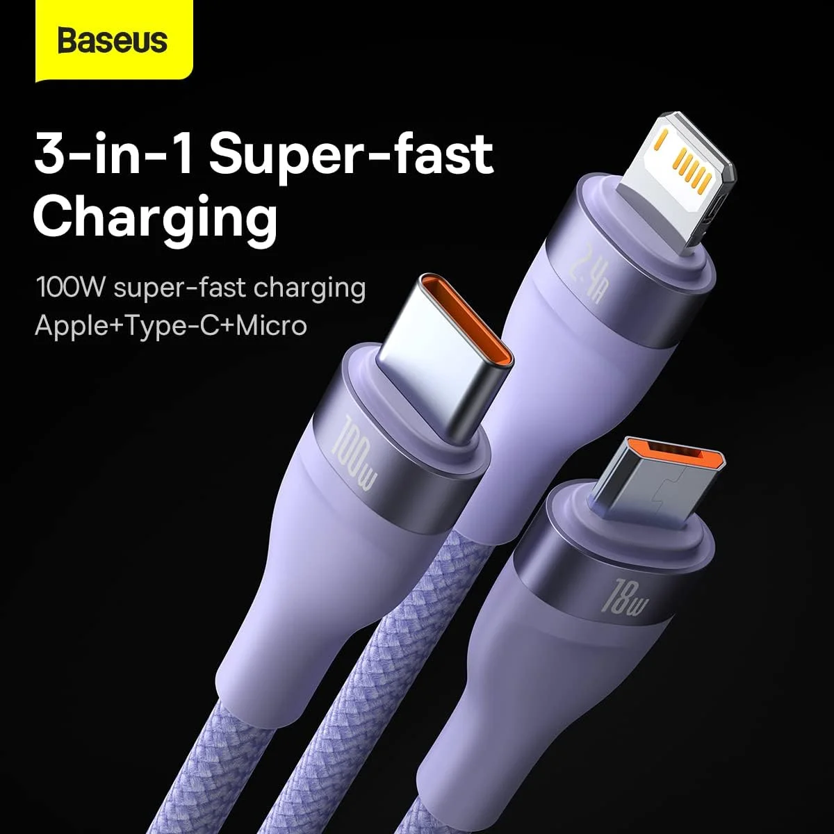 کابل شارژ سریع USB Type C سه سر Baseus 100W Flash Series II، طول 1.2 متر، بنفش کابل شارژ سریع USB Type C سه سر Baseus 100W Flash Series II، طول 1.2 متر، بنفش
