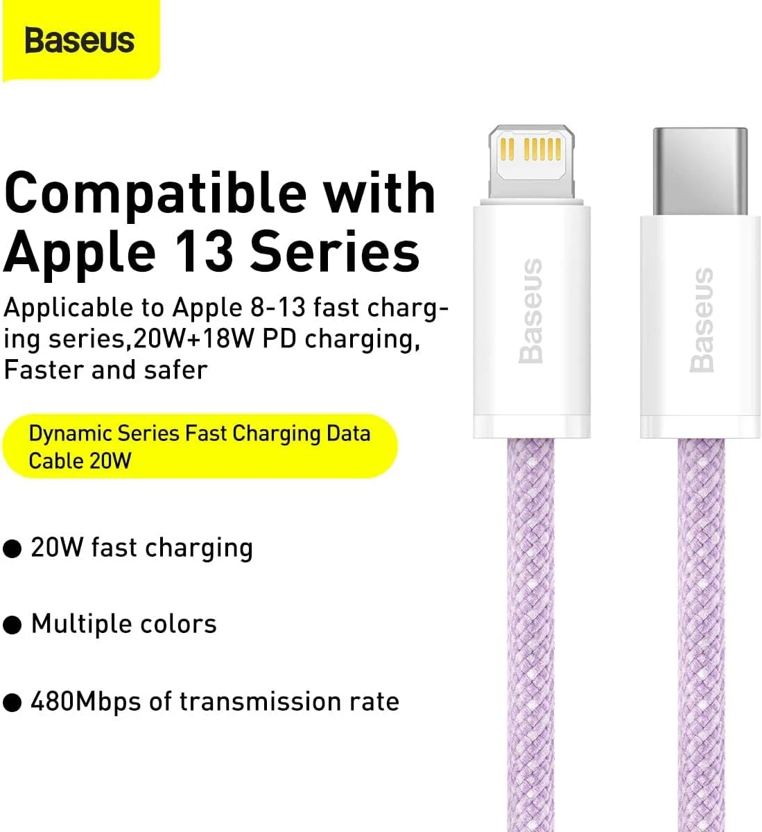 کابل USB-C به لایتنینگ 20 واتی Baseus مناسب برای شارژ سریع iPhone 13 Pro Max و iPhone 13/12/12 Pro/12 Pro Max/11 Pro/11 Pro Max/XS/XS Max و سایر دستگاه ها (USB-C به لایتنینگ 20W، سبز، 2 متری)