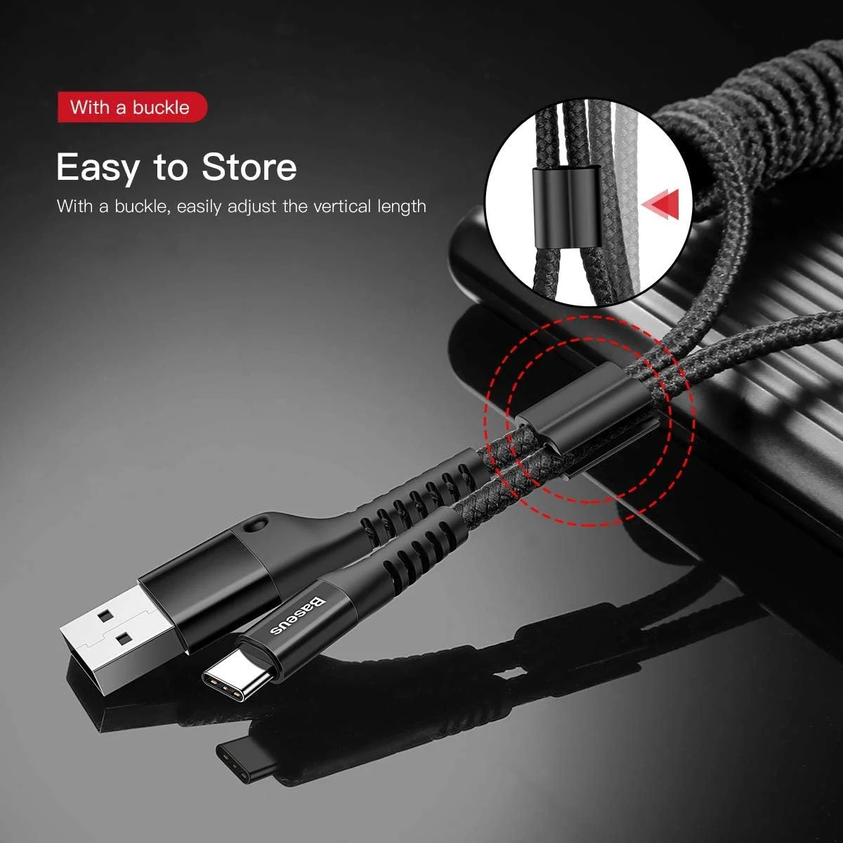 کابل USB Type C بیسوس برای خودرو، کابل USB C جمع شونده (90 سانتی متر)، کابل شارژ سریع USB A به USB-C سازگار با Samsung Galaxy S10 S9 S8 Plus Note 9 8, Moto Z, LG5/G6/V20 و دستگاه های USB C (مشکی - 90 سانتی متر)