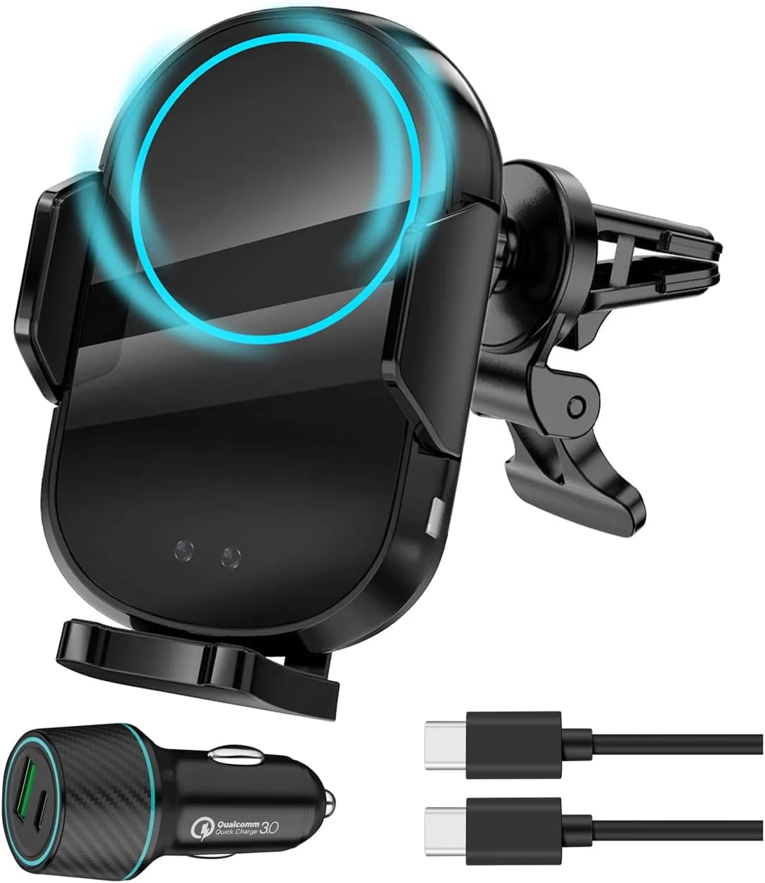 پایه نگهدارنده گوشی موبایل بی‌سیم AGOGO با قابلیت شارژ خودکار 15 وات، مناسب دریچه تهویه و داشبورد، سازگار با تمام سری های آیفون و سامسونگ، به همراه آداپتور شارژر فندکی 43 وات و کابل دو سر Type C