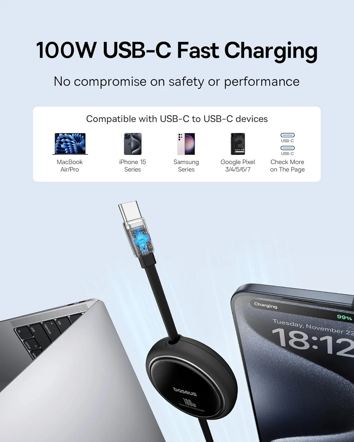 کابل USB C بیسوس، کابل شارژ سریع 100 واتی جمع شونده USB C به USB C PD 5A، کابل شارژر USB Type C با طول 4 مرحله ای از پیش تعیین شده برای آیفون 15/Pro/Plus/Pro Max، مک بوک، آیپد پرو، سامسونگ S23/S22+