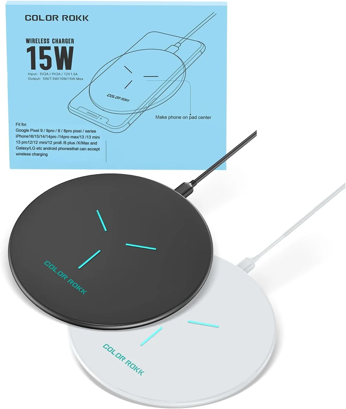 پد شارژر بی‌سیم رنگی Rokk، شارژ سریع بی‌سیم 15 واتی Qi-Certified برای آیفون 13/13 پرو/13 مینی/13 پرو مکس/12/SE 2020/11، سامسونگ گلکسی S21/S20/Note 10/S10، ایرپادز پرو (بدون آداپتور AC)