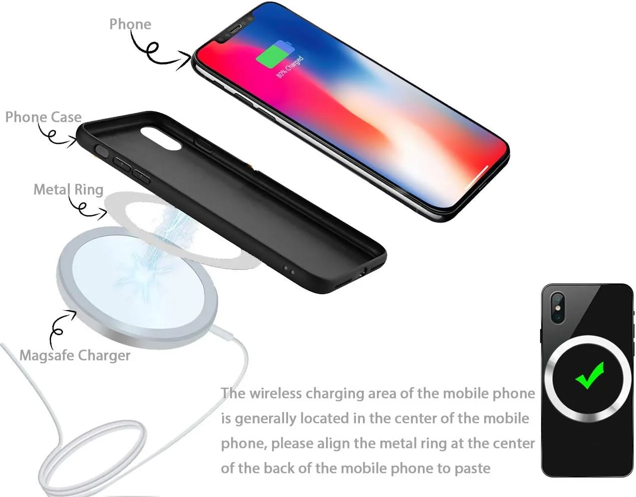 حلقه های فلزی WYNK WYNK برای شارژر بی سیم مغناطیسی، حلقه گرد 59 میلی متر / 2.32 اینچ، شارژر بی سیم مغناطیسی خودرو، نگهدارنده تلفن خودرو (2 مشکی + 2 نقره ای)