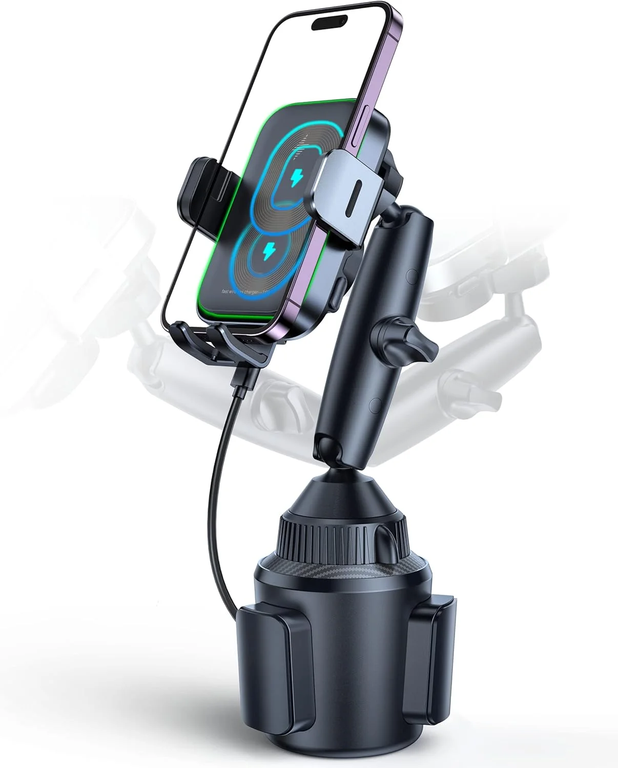 شارژر بی‌سیم دو سیم‌پیچ APPS2Car، شارژ سریع 15 واتی با گیره اتوماتیک، پایه نگهدارنده فنجانی، پایه نگهدارنده گوشی با قابلیت تنظیم ارتفاع و زاویه برای آیفون 16 15 14 13، سامسونگ، ال‌جی و غیره
