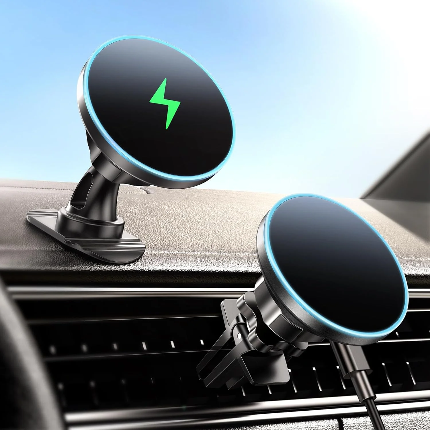پایه نگهدارنده گوشی مغناطیسی BHHB برای شارژر خودرو، [به روز شده 2024] شارژر بی سیم مغناطیسی 15 واتی 2 در 1، مناسب برای شارژر خودرو Magsafe، پایه نگهدارنده گوشی دریچه/داشبورد برای سری آیفون 16 15 14 13 12 (فیروزه ای)
