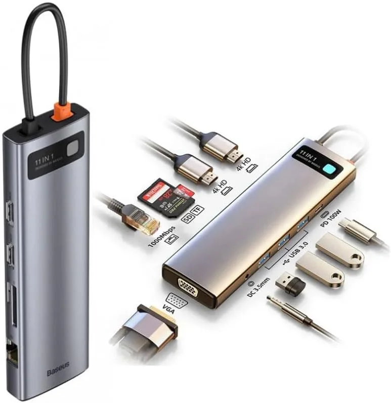 هاب USB C 11 در 1 بیسوس، ایستگاه داکینگ با انتقال داده 5 گیگابیت بر ثانیه، 3 پورت USB 3.0، خروجی HDMI 4K@60Hz Type C، شارژ سریع PD 100W، اترنت گیگابیتی، VGA، کارت خوان SD/TF، جک 3.5 میلی متری برای آیفون 15 پرو مکس، مک بوک