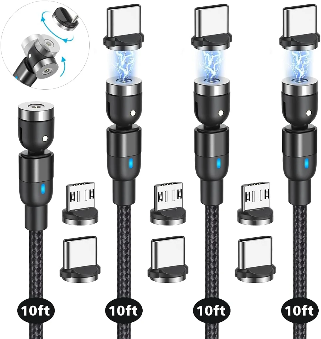 کابل شارژ مغناطیسی CJOY (بسته 4 عددی 3 متری)، کابل USB مغناطیسی با چرخش 540 درجه، کابل شارژر مغناطیسی بافته شده نایلونی، کابل شارژ برای Type C، Micro USB…