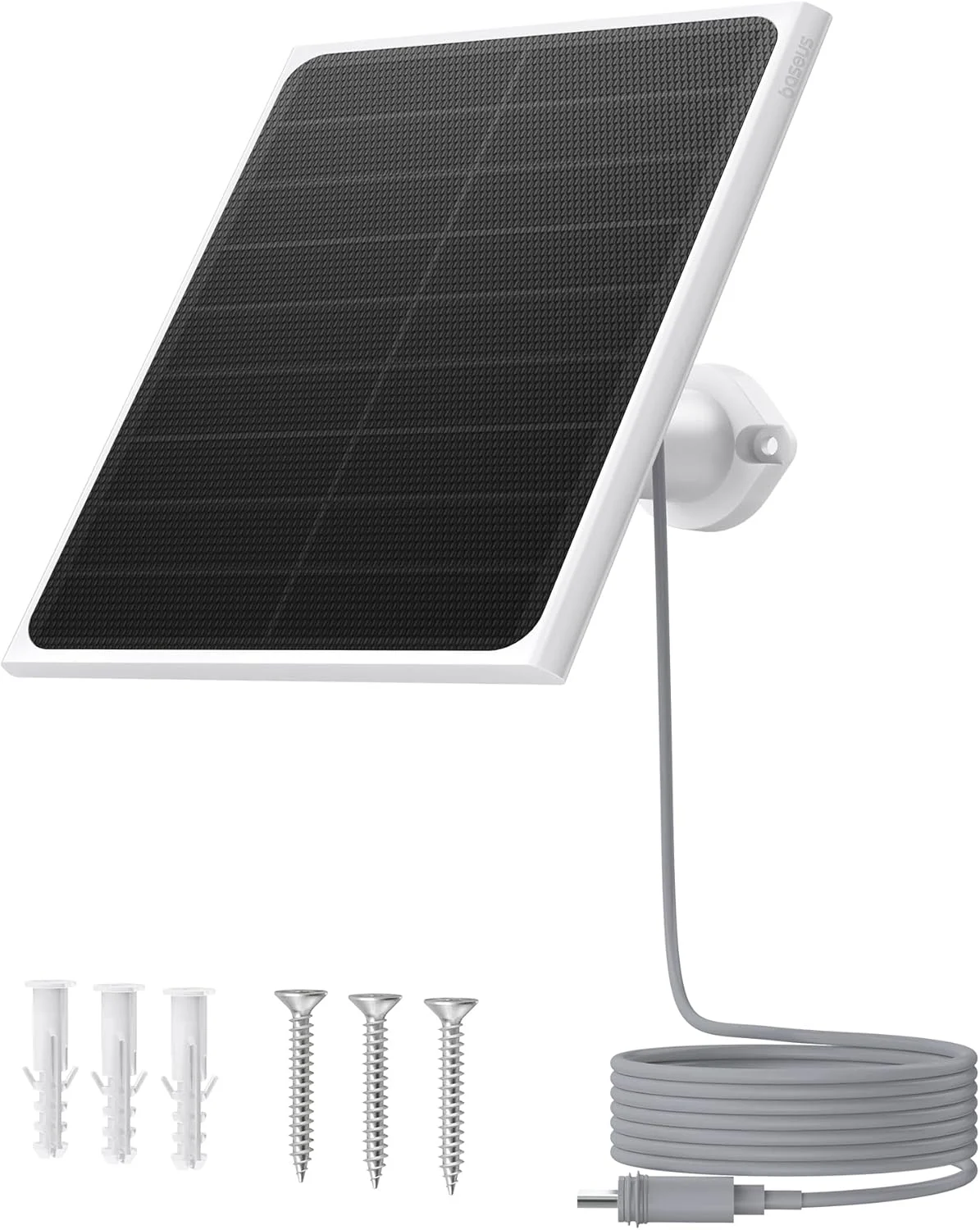 پنل خورشیدی 3 وات Baseus A1 برای دوربین امنیتی بی سیم فضای باز، ضد آب IP67، کابل 4 متری، سازگار با دوربین باتری Baseus N1/S1 Pro، پایه قابل تنظیم، شارژ مداوم (سفید)