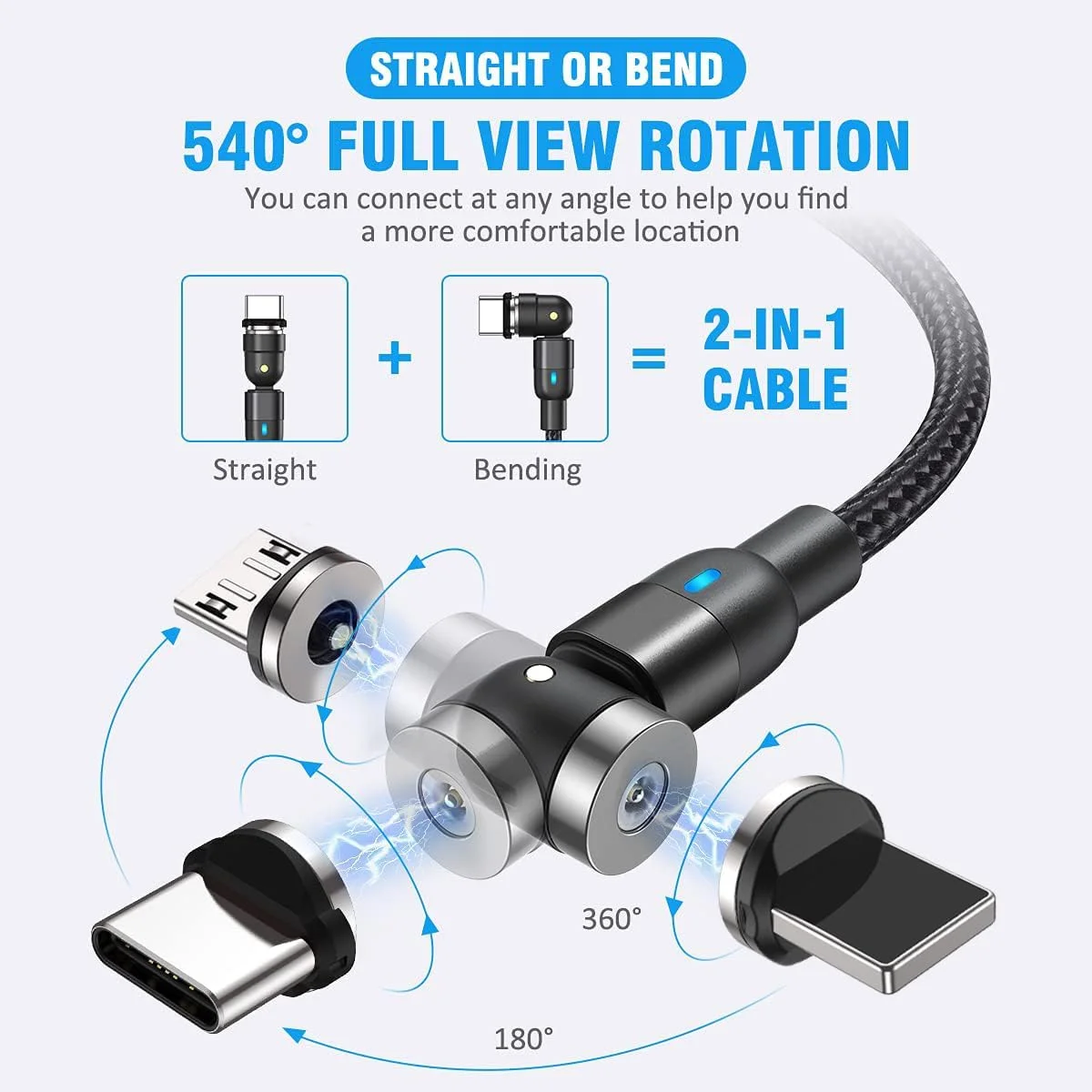 کابل شارژ مغناطیسی CJOY (بسته 4 عددی 3 متری)، کابل USB مغناطیسی با چرخش 540 درجه، کابل شارژر مغناطیسی بافته شده نایلونی، کابل شارژ برای Type C، Micro USB…