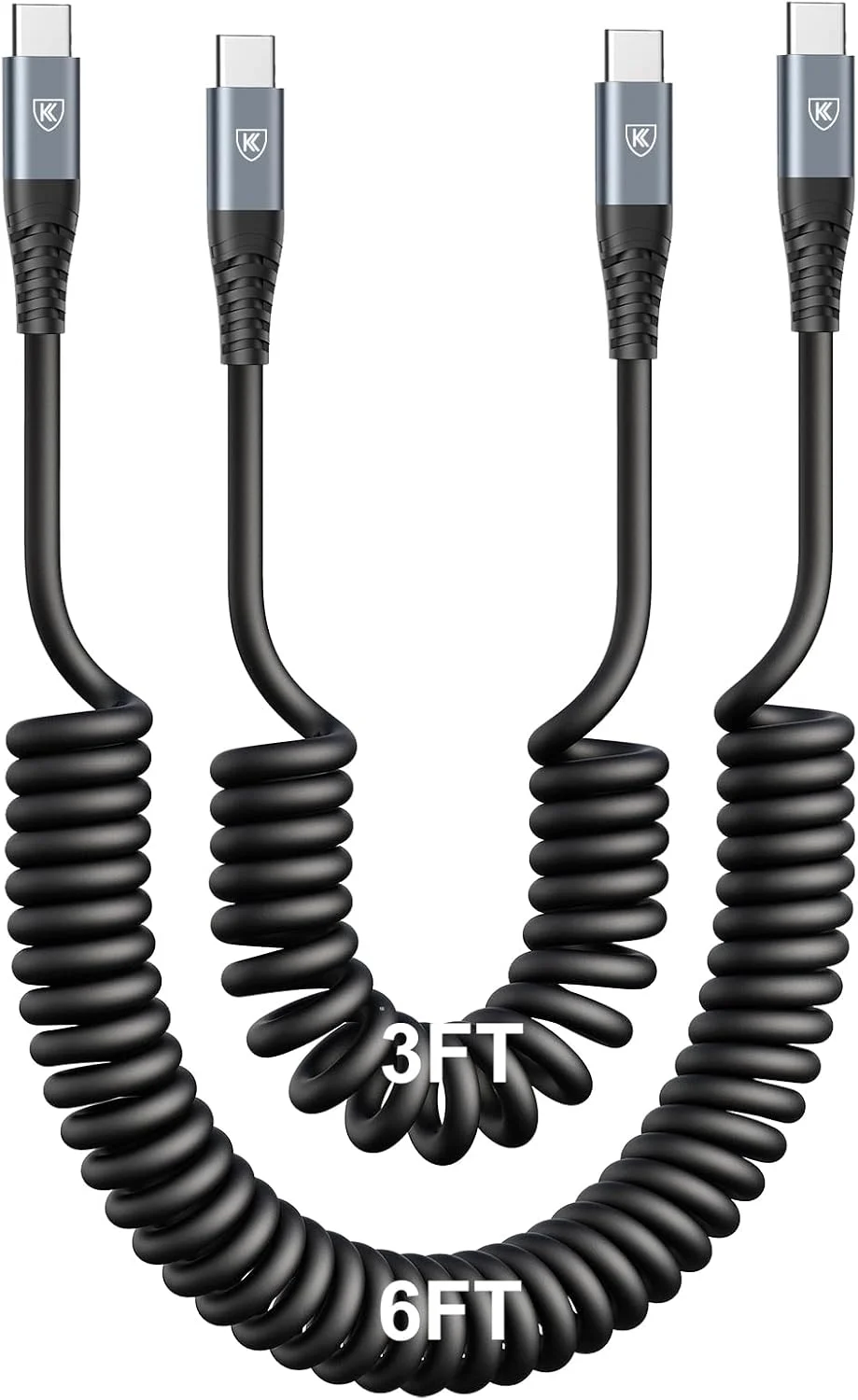 کابل USB-C به USB-C کیودا [90 سانتیمتر + 180 سانتیمتر]، بسته 2 عددی کابل شارژ فنری USB-C برای خودرو، کابل شارژ سریع Type C سازگار با iPhone 17/16/15/Plus/Pro/Pro Max/MacBook Pro 2020/Samsung Galaxy S23