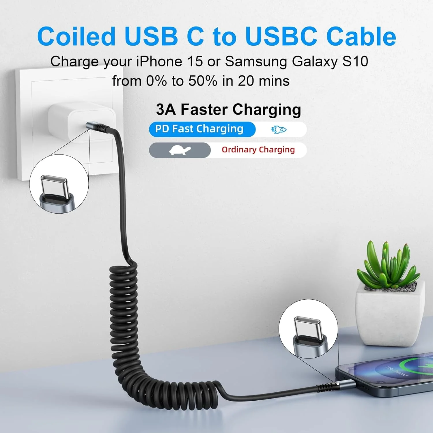 کابل USB-C به USB-C کیودا [90 سانتیمتر + 180 سانتیمتر]، بسته 2 عددی کابل شارژ فنری USB-C برای خودرو، کابل شارژ سریع Type C سازگار با iPhone 17/16/15/Plus/Pro/Pro Max/MacBook Pro 2020/Samsung Galaxy S23