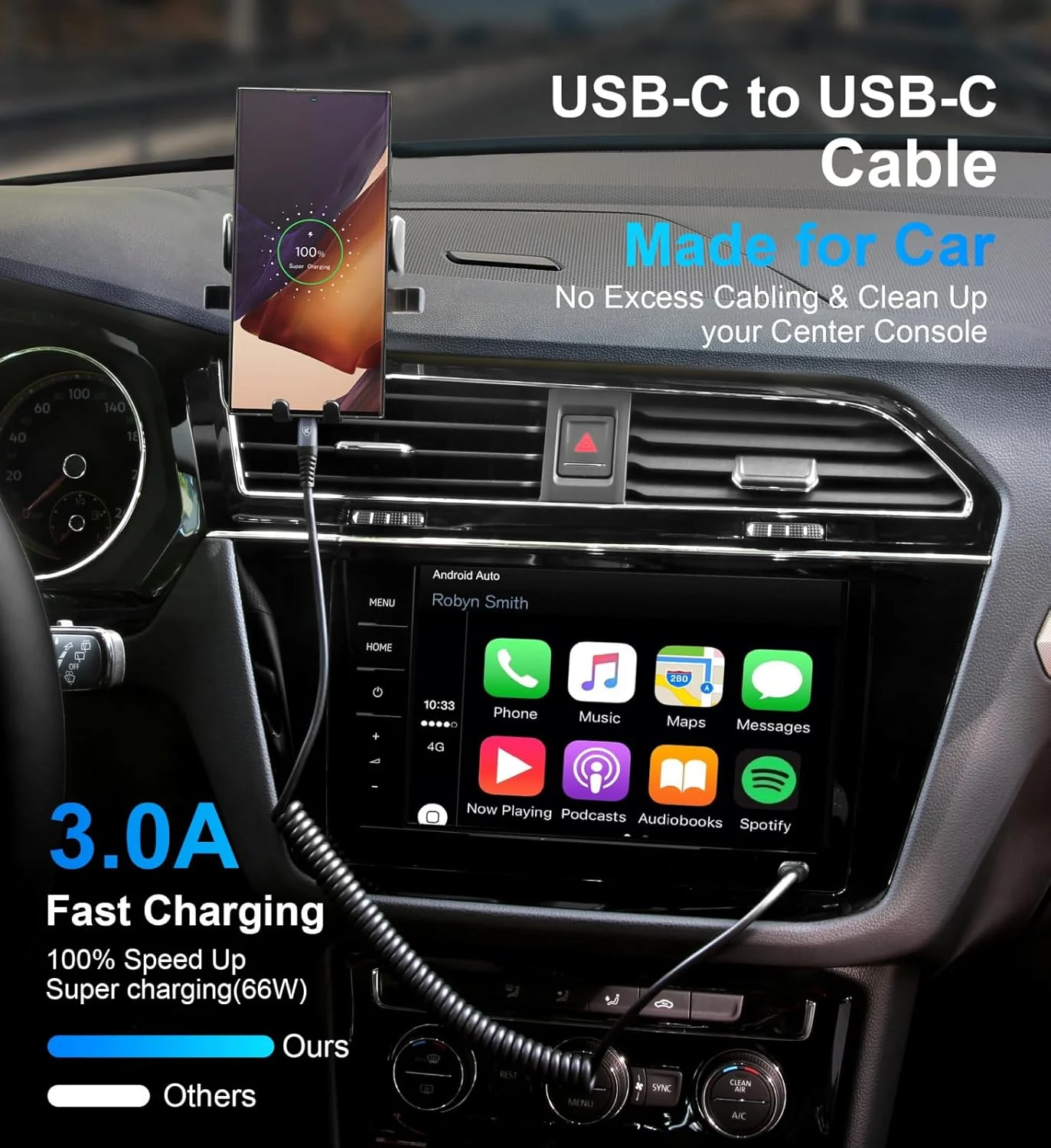 کابل USB-C به USB-C کیودا [90 سانتیمتر + 180 سانتیمتر]، بسته 2 عددی کابل شارژ فنری USB-C برای خودرو، کابل شارژ سریع Type C سازگار با iPhone 17/16/15/Plus/Pro/Pro Max/MacBook Pro 2020/Samsung Galaxy S23