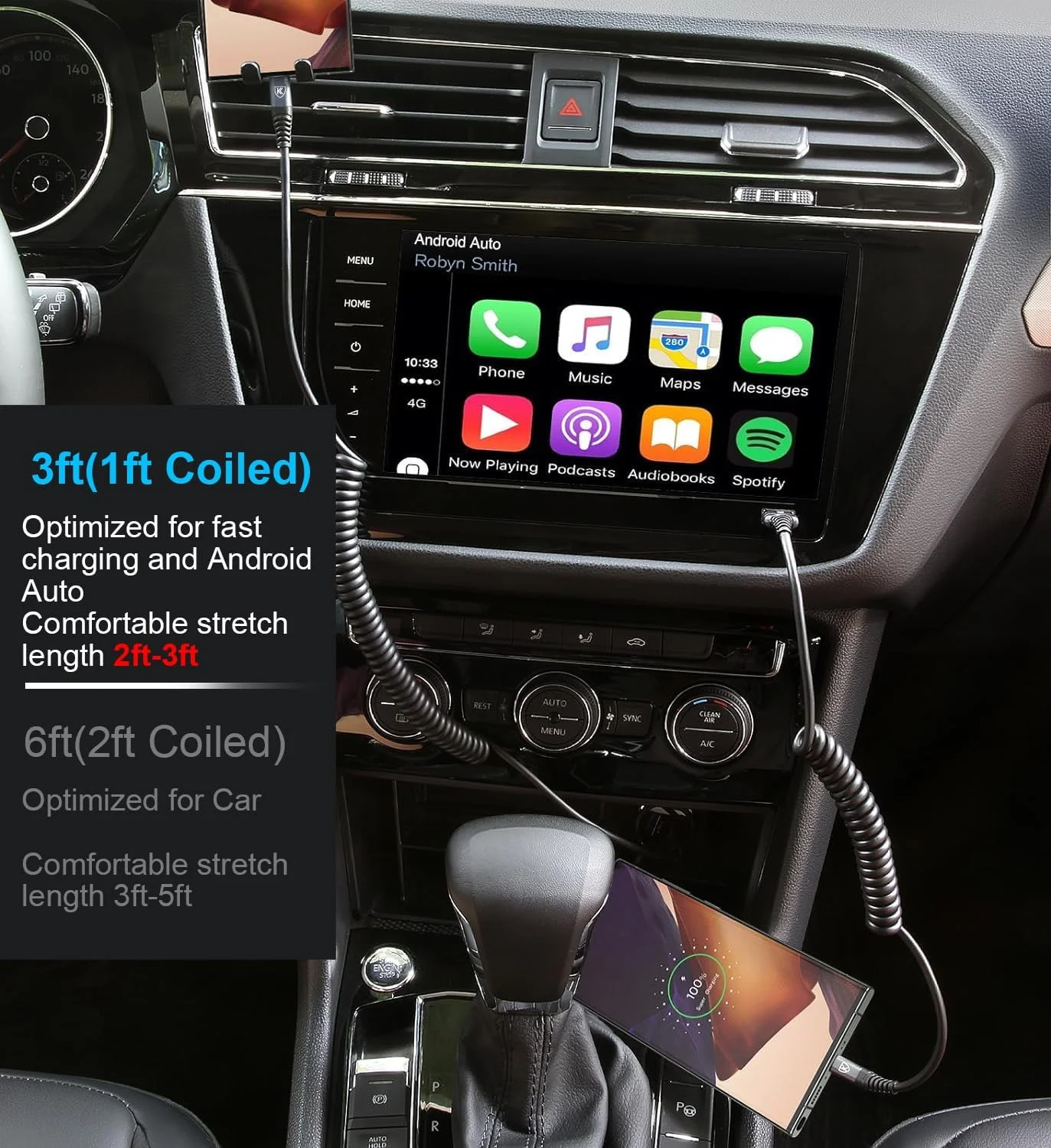 کابل USB-C به USB-C کیودا [90 سانتیمتر + 180 سانتیمتر]، بسته 2 عددی کابل شارژ فنری USB-C برای خودرو، کابل شارژ سریع Type C سازگار با iPhone 17/16/15/Plus/Pro/Pro Max/MacBook Pro 2020/Samsung Galaxy S23