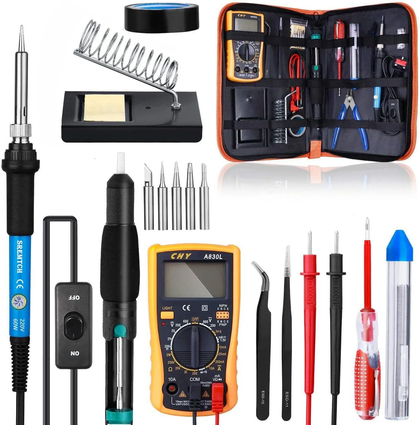 کیت هویه کاری، ابزار جوشکاری 60 وات 220 ولت با کلید روشن/خاموش و دکمه تنظیم دما (200-450 درجه سانتیگراد)، مولتی متر دیجیتال، نوک هویه، پمپ مکش قلع برای تعمیرات الکترونیک، چاقوی کاربردی