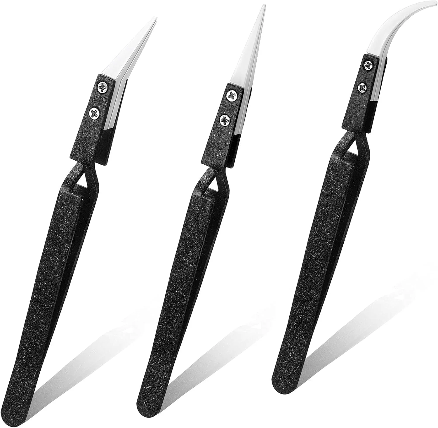 موچین معکوس KASTWAVE، ست 3 عددی موچین دقیق قفل شونده متقاطع مشکی با نوک سرامیکی برای لحیم کاری الکترونیکی، ابزار موچین لحیم کاری با نوک سرامیکی