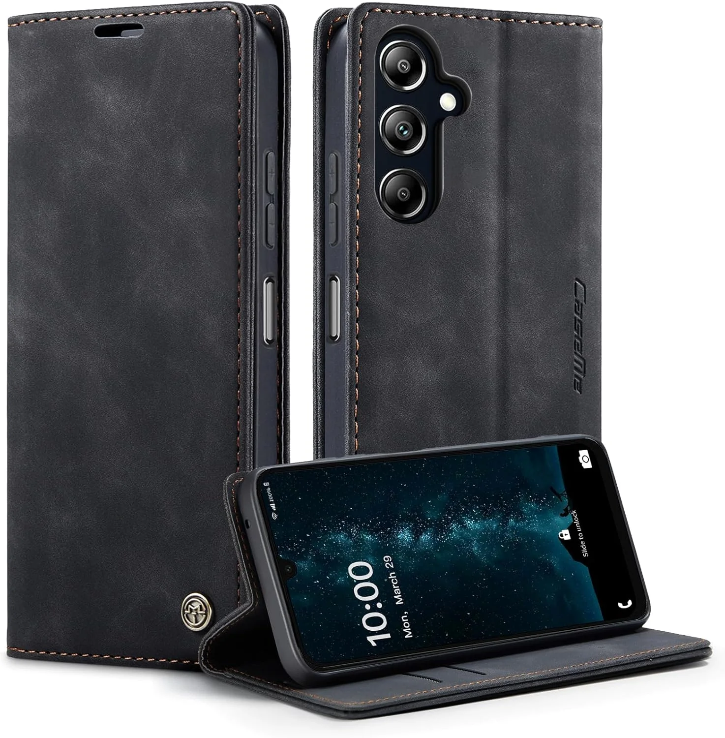 کیف پول چرمی سازگار با گوشی سامسونگ گلکسی A16 5G، دارای جای کارت اعتباری با محافظ RFID، کاور محافظ ضد ضربه تاشو، مناسب برای آقایان و بانوان (مشکی)