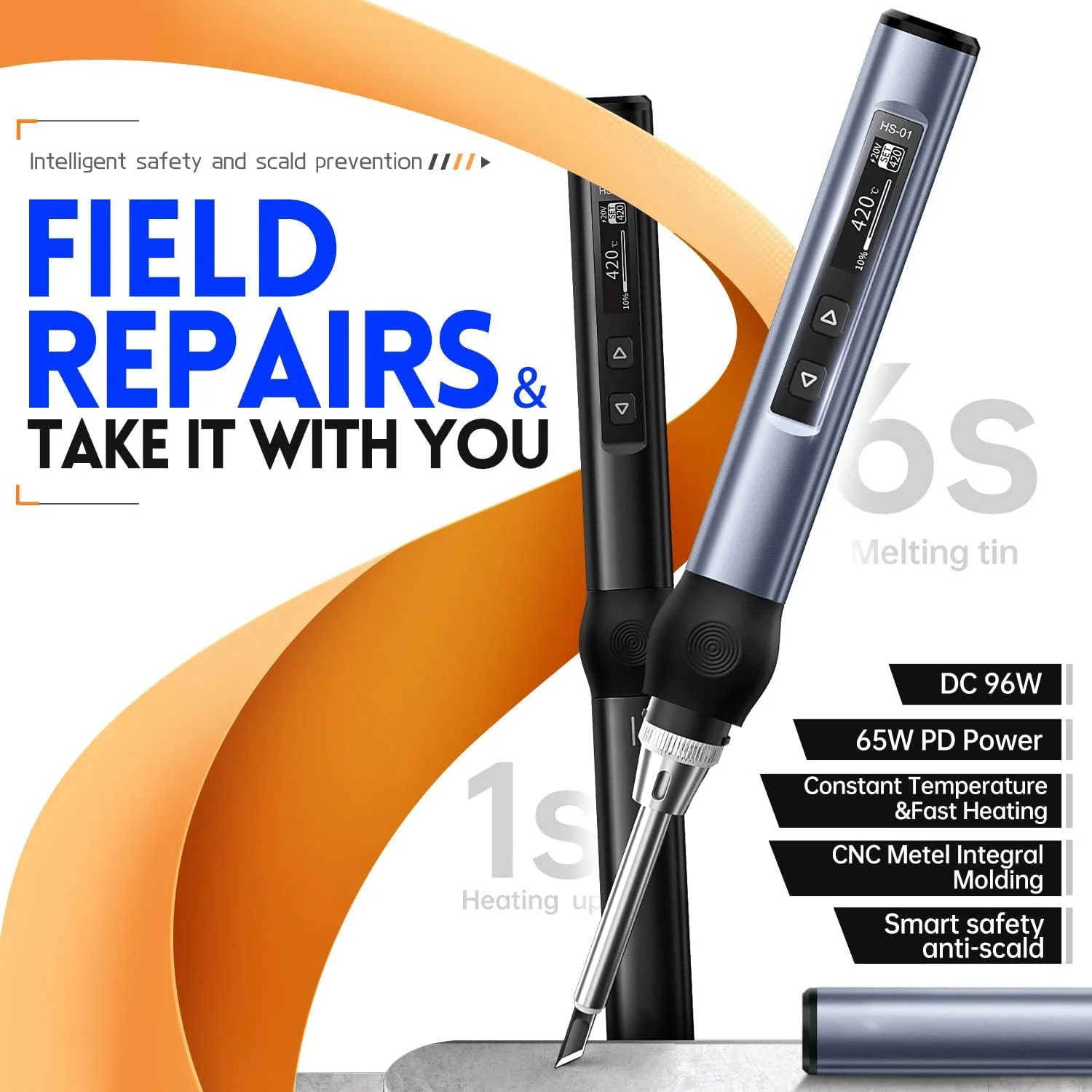 کیت هویه KASTWAVE، هویه دیجیتال کوچک DC/PD (96W/65W)، دمای قابل تنظیم 80-420 درجه سانتیگراد، 6 نوک هویه، صفحه نمایش دیجیتال OLED، گرمایش داخلی سریع، حالت خواب خودکار، آبی