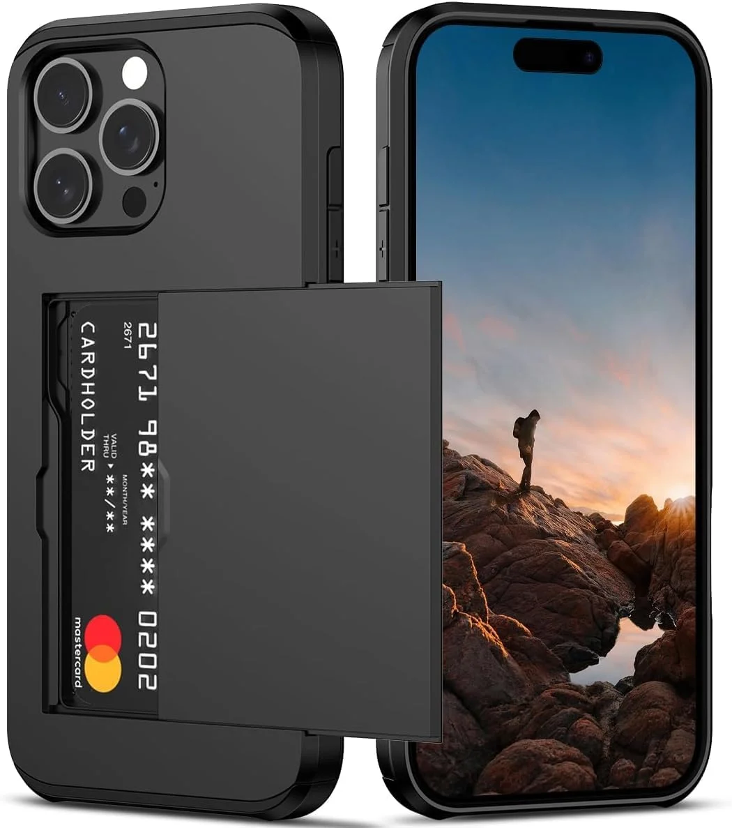 Case for iPhone 16 Pro Max with Card Holder, Military Drop Heavy Duty Protective, Dual Layer Shockproof with Hidden Card Slot, Wallet Case for Women&Men, Black