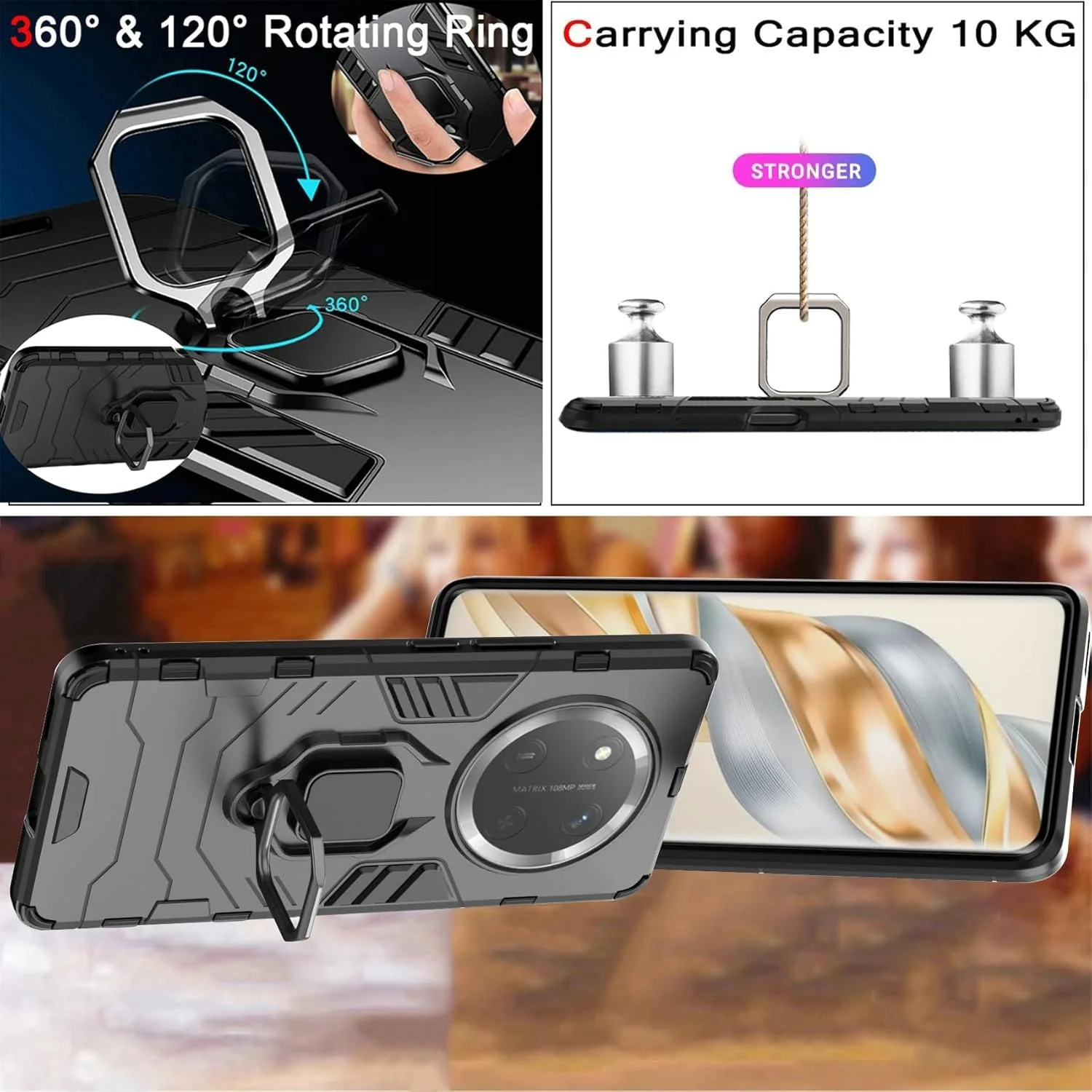 قاب محافظ گوشی آنر X9c 5G، با پایه حلقه ای چرخان 360 درجه، قاب محافظ ضد ضربه نظامی [برای نگهدارنده گوشی موبایل آهنربایی خودرو]، مشکی