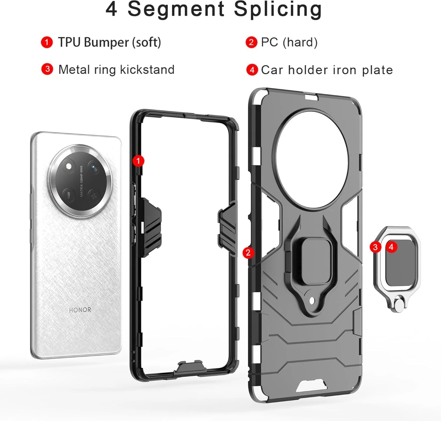 قاب محافظ گوشی آنر X9c 5G، با پایه حلقه ای چرخان 360 درجه، قاب محافظ ضد ضربه نظامی [برای نگهدارنده گوشی موبایل آهنربایی خودرو]، مشکی