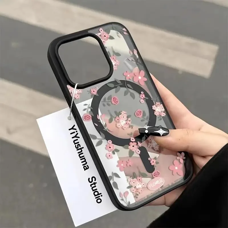 کاور محافظ هایبرید | مناسب برای آیفون 16 پرو مکس | طرح گل رز صورتی زیبا - پشت شفاف | سازگار با شارژر مغناطیسی | شارژ بی‌سیم | نیمه نرم | فریم سیلیکونی ضد ضربه | کاور برای اپل آیفون 16 پرو مکس | مشکی