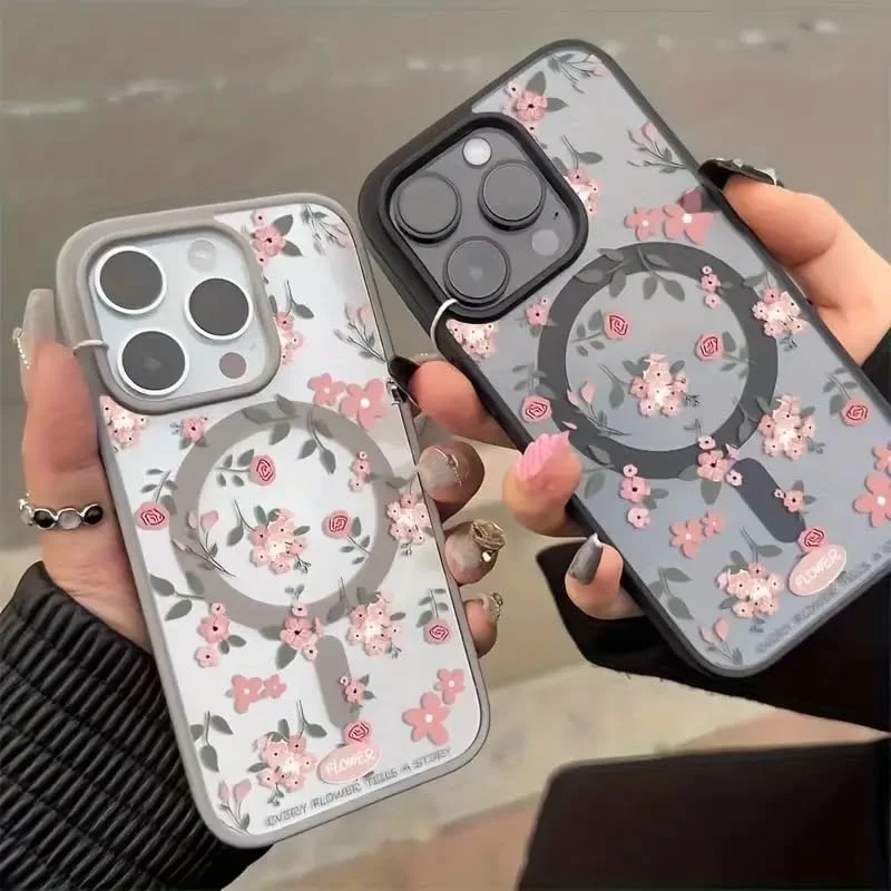 کاور محافظ هایبرید | مناسب برای آیفون 16 پرو مکس | طرح گل رز صورتی زیبا - پشت شفاف | سازگار با شارژر مغناطیسی | شارژ بی‌سیم | نیمه نرم | فریم سیلیکونی ضد ضربه | کاور برای اپل آیفون 16 پرو مکس | مشکی