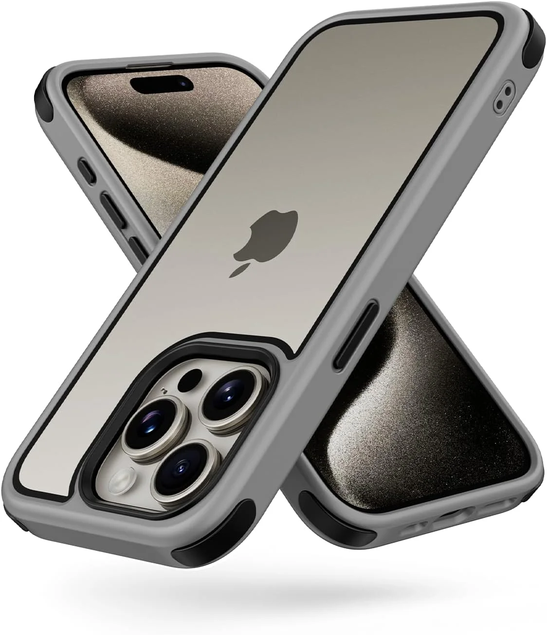 قاب محافظ گوشی موب‌نانو سازگار با آیفون 15 پرو مکس، دارای بامپرهای محافظ چند رنگ ضد ضربه، پشت PC سخت ضد خش شفاف و فریم TPU سیلیکونی نرم - خاکستری/مشکی