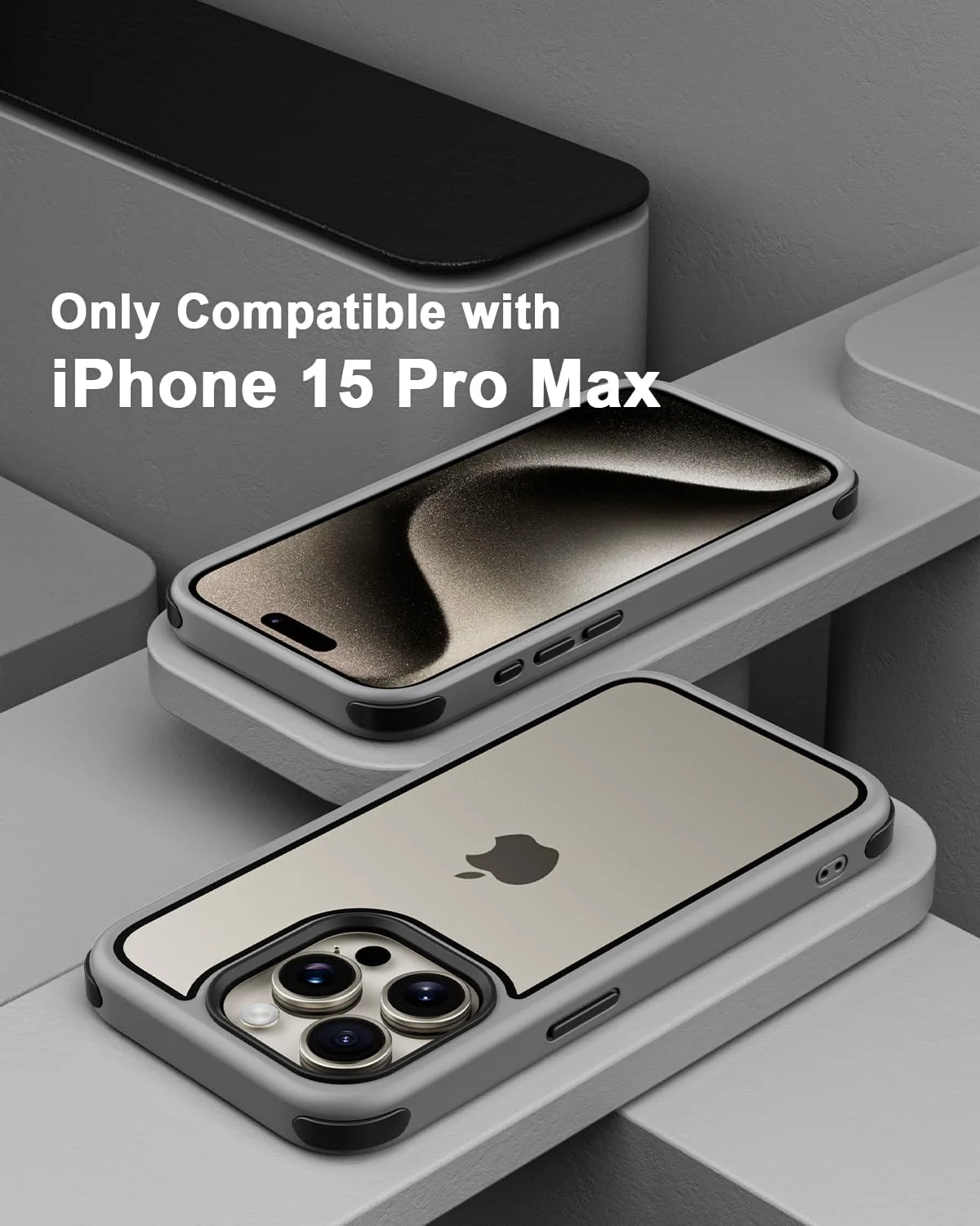 قاب محافظ گوشی موب‌نانو سازگار با آیفون 15 پرو مکس، دارای بامپرهای محافظ چند رنگ ضد ضربه، پشت PC سخت ضد خش شفاف و فریم TPU سیلیکونی نرم - خاکستری/مشکی