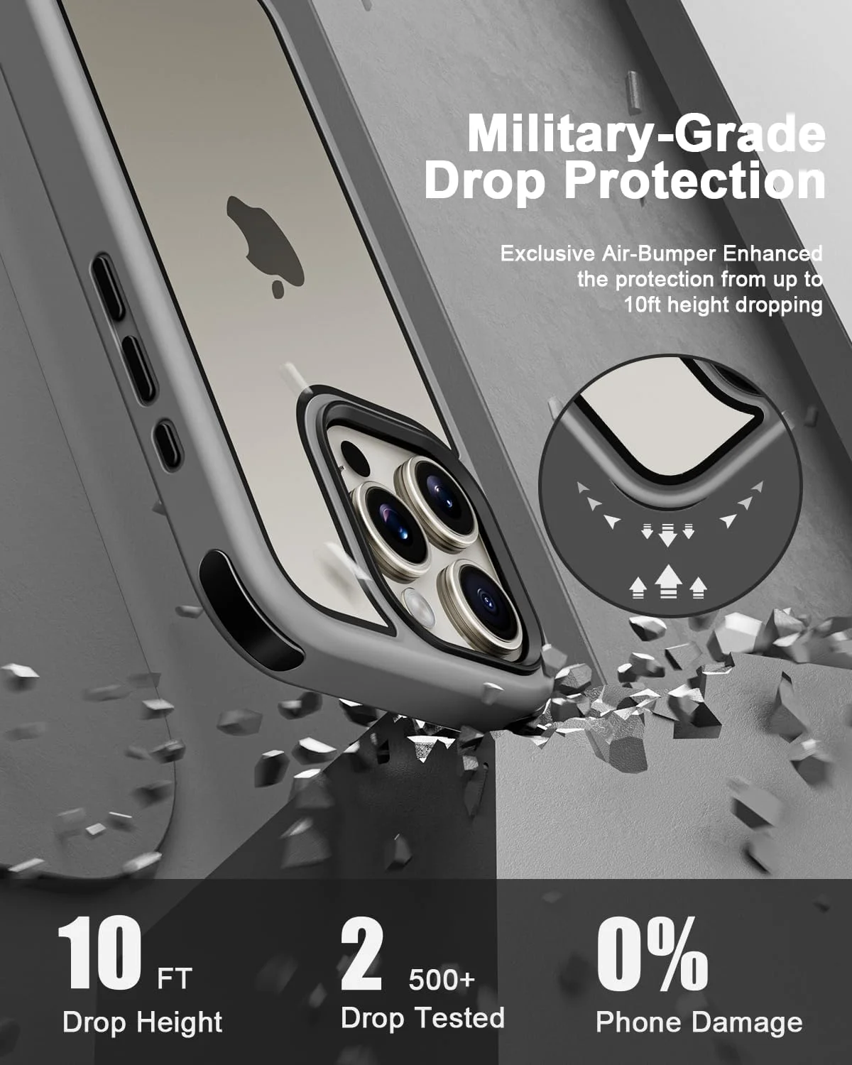 قاب محافظ گوشی موب‌نانو سازگار با آیفون 15 پرو مکس، دارای بامپرهای محافظ چند رنگ ضد ضربه، پشت PC سخت ضد خش شفاف و فریم TPU سیلیکونی نرم - خاکستری/مشکی