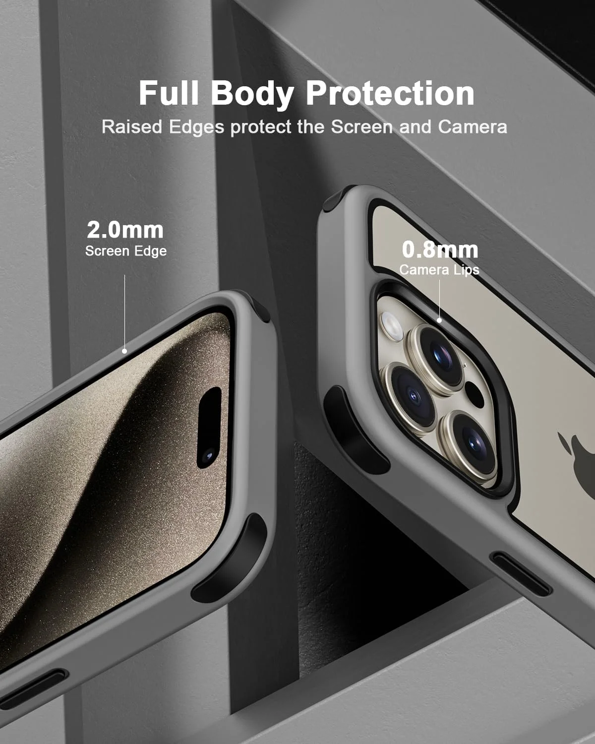 قاب محافظ گوشی موب‌نانو سازگار با آیفون 15 پرو مکس، دارای بامپرهای محافظ چند رنگ ضد ضربه، پشت PC سخت ضد خش شفاف و فریم TPU سیلیکونی نرم - خاکستری/مشکی