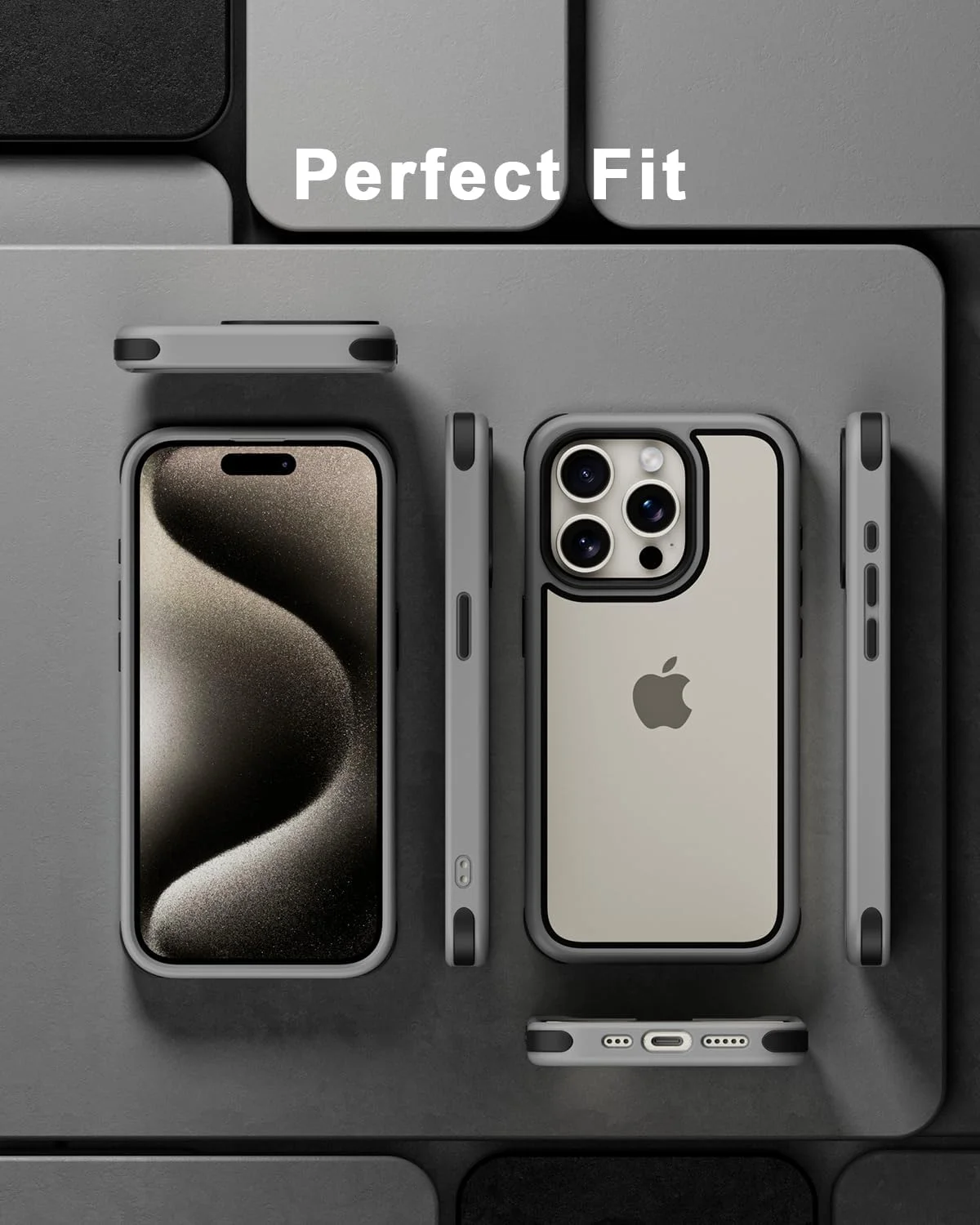 قاب محافظ گوشی موب‌نانو سازگار با آیفون 15 پرو مکس، دارای بامپرهای محافظ چند رنگ ضد ضربه، پشت PC سخت ضد خش شفاف و فریم TPU سیلیکونی نرم - خاکستری/مشکی