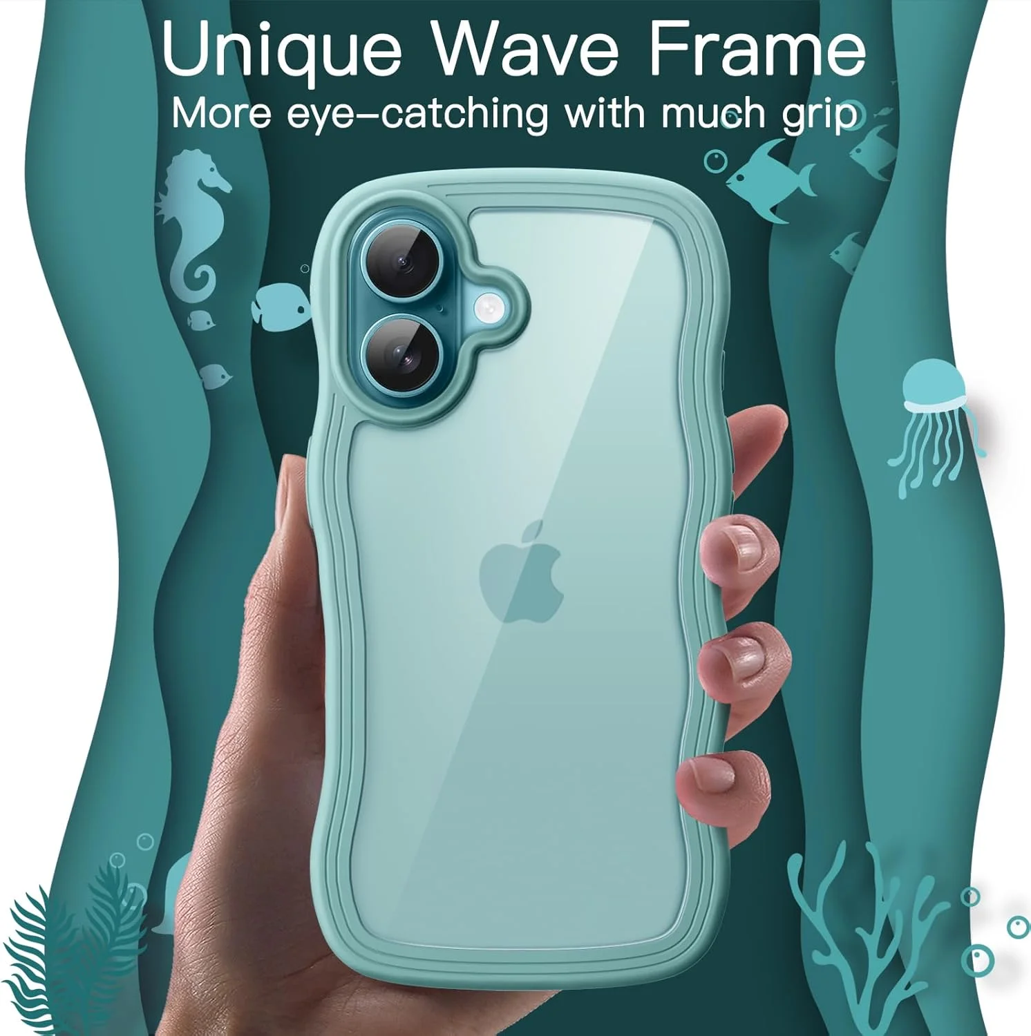 کاور موجی JETech برای آیفون 16 6.1 اینچی، قاب موج‌دار زیبا، کاور ضد ضربه گوشی برای بانوان و دختران، پشت PC سخت شفاف (آبی-سبز)