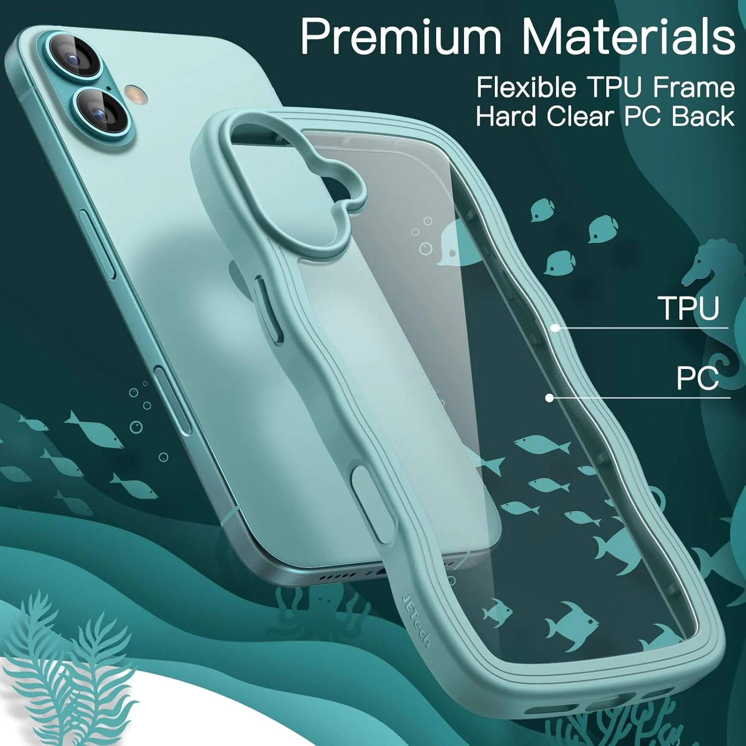 کاور موجی JETech برای آیفون 16 6.1 اینچی، قاب موج‌دار زیبا، کاور ضد ضربه گوشی برای بانوان و دختران، پشت PC سخت شفاف (آبی-سبز)