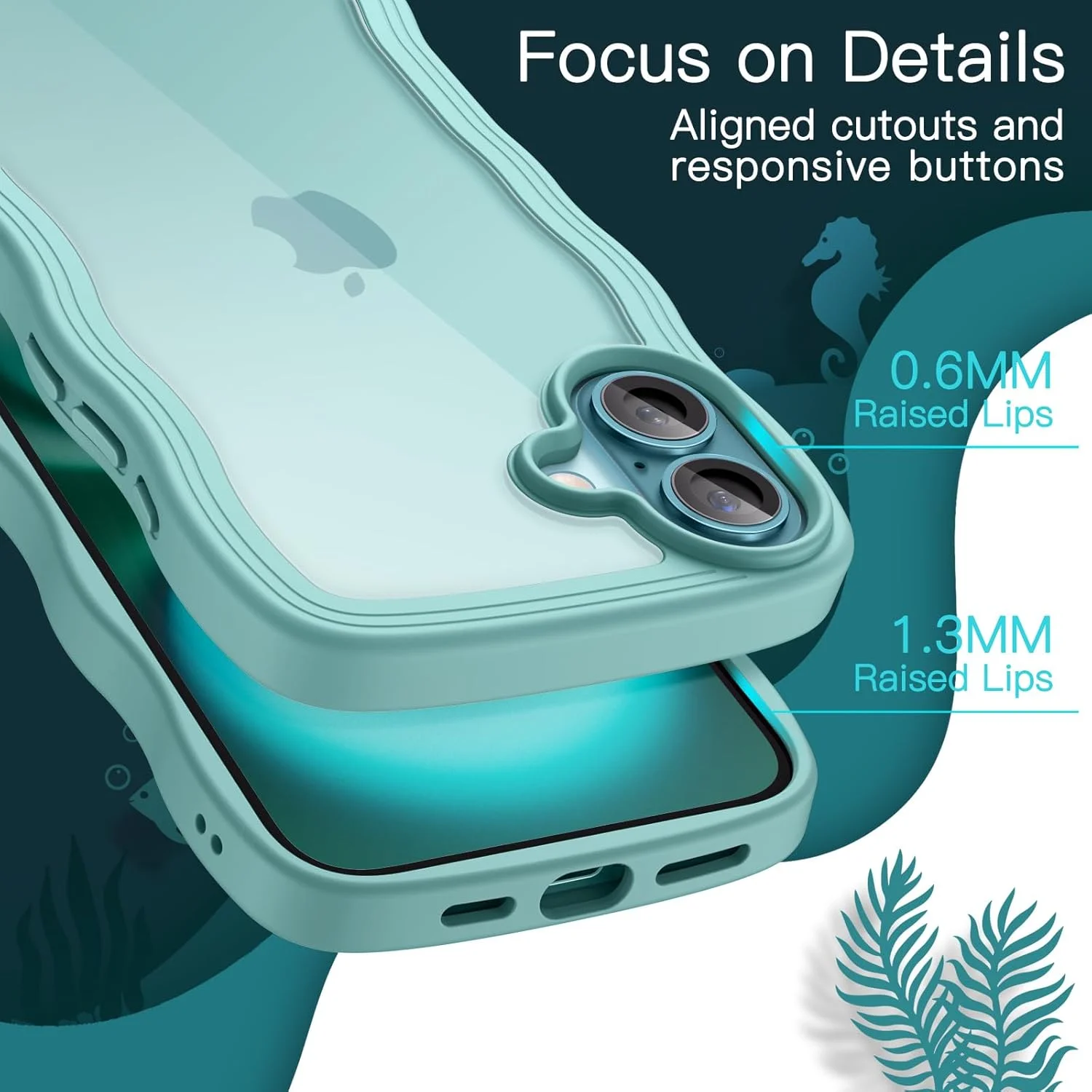 کاور موجی JETech برای آیفون 16 6.1 اینچی، قاب موج‌دار زیبا، کاور ضد ضربه گوشی برای بانوان و دختران، پشت PC سخت شفاف (آبی-سبز)