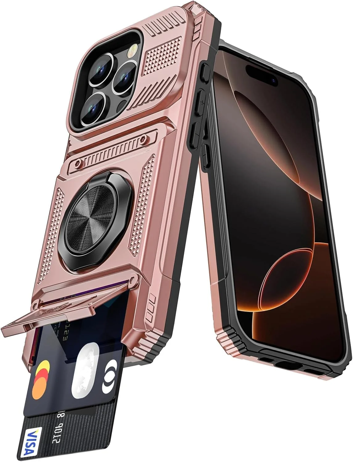 کیف پول کاست ویو مناسب برای آیفون 16 پرو، قاب محافظ سه لایه ضد ضربه با قابلیت نگهداری کارت و استند حلقه ای مغناطیسی 360 درجه، قاب دارای جای کارت مخفی دو لایه، رزگلد کیف پول کاست ویو مناسب برای آیفون 16 پرو، قاب محافظ سه لایه ضد ضربه با قابلیت نگهداری کارت و استند حلقه ای مغناطیسی 360 درجه، قاب دارای جای کارت مخفی دو لایه، رزگلد