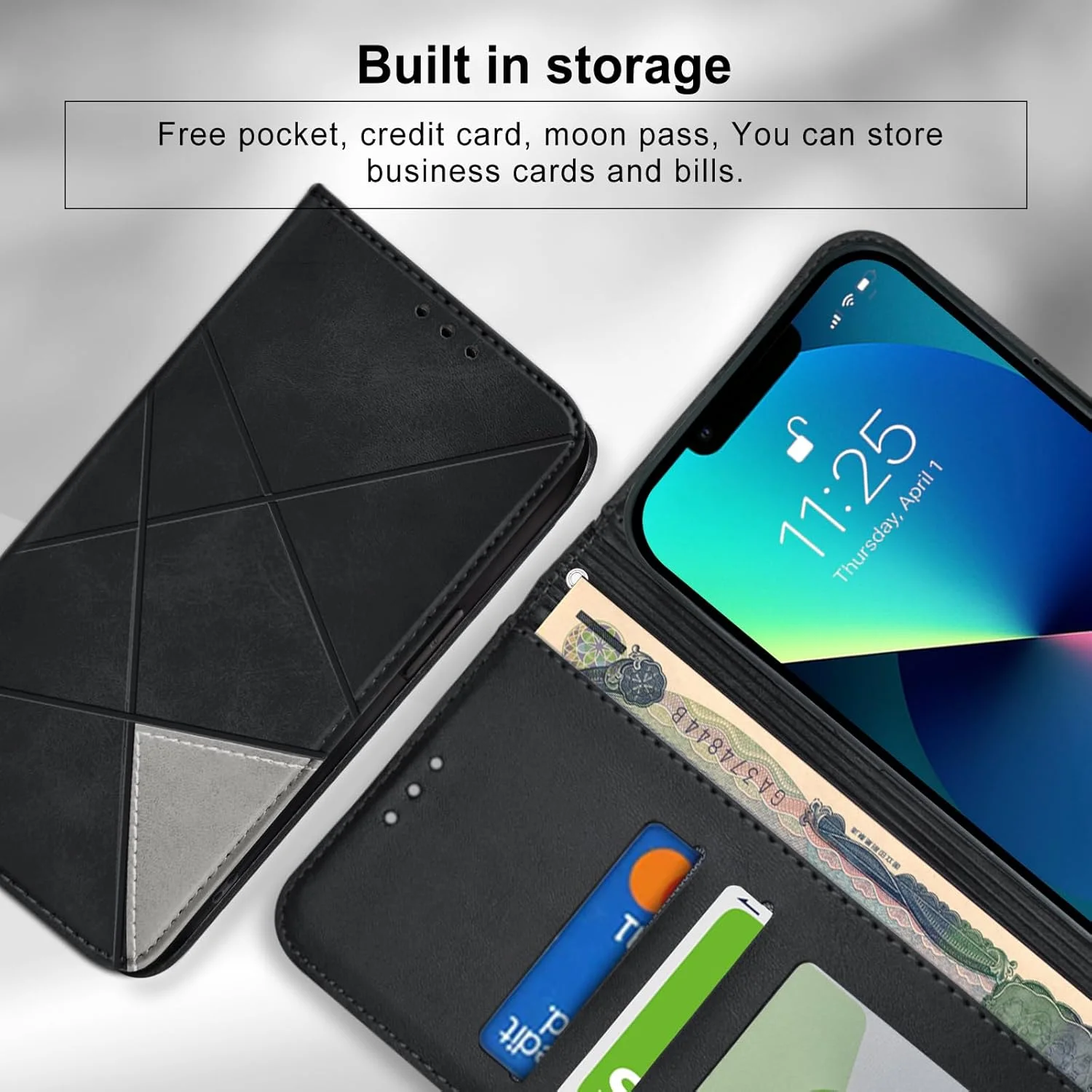 کیف پول چرمی پریمیوم گوشی آیفون 13 مدل bjnosdv، دارای 2 جای کارت، کاور ضد ضربه تاشو با قابلیت استند و جذب مغناطیسی پنهان - مشکی