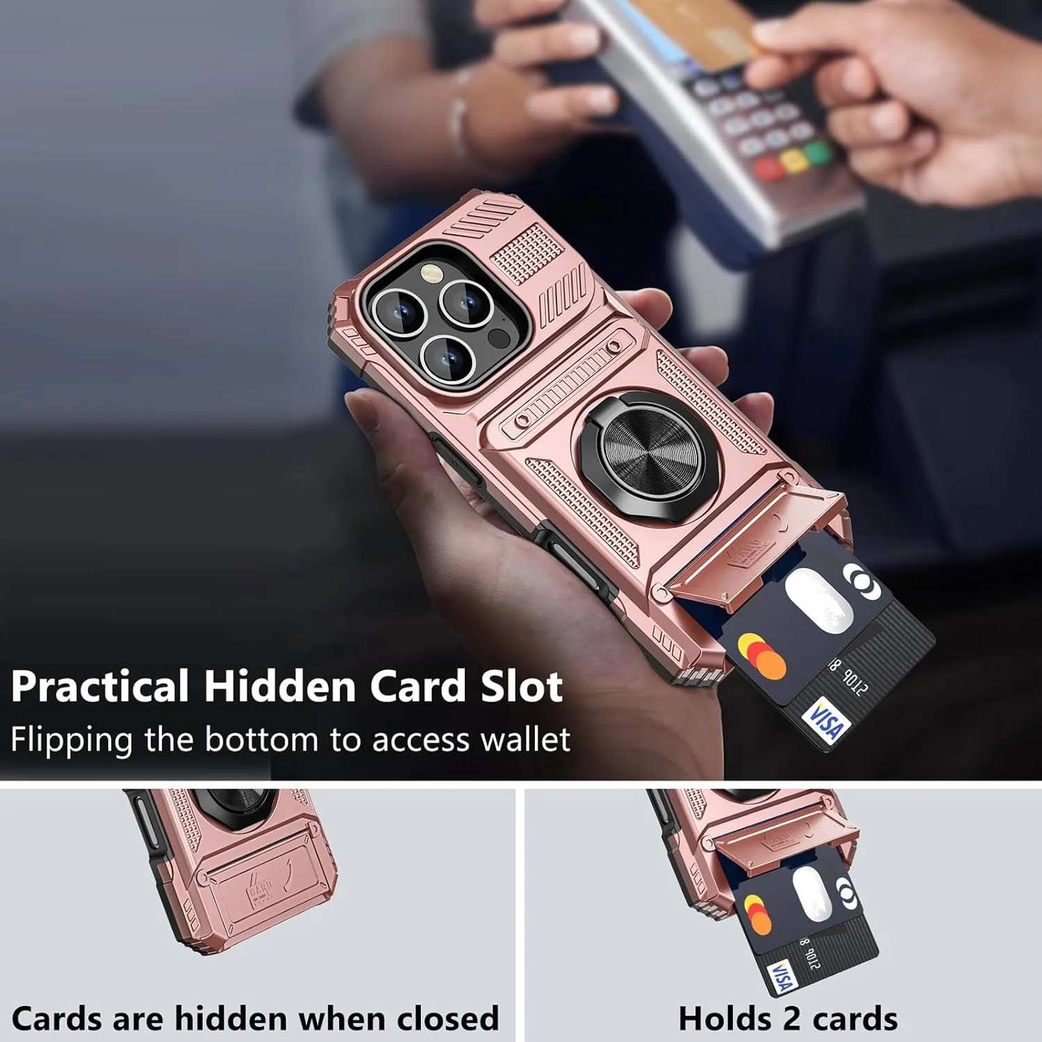 کیف پول کاست ویو مناسب برای آیفون 16 پرو، قاب محافظ سه لایه ضد ضربه با قابلیت نگهداری کارت و استند حلقه ای مغناطیسی 360 درجه، قاب دارای جای کارت مخفی دو لایه، رزگلد کیف پول کاست ویو مناسب برای آیفون 16 پرو، قاب محافظ سه لایه ضد ضربه با قابلیت نگهداری کارت و استند حلقه ای مغناطیسی 360 درجه، قاب دارای جای کارت مخفی دو لایه، رزگلد