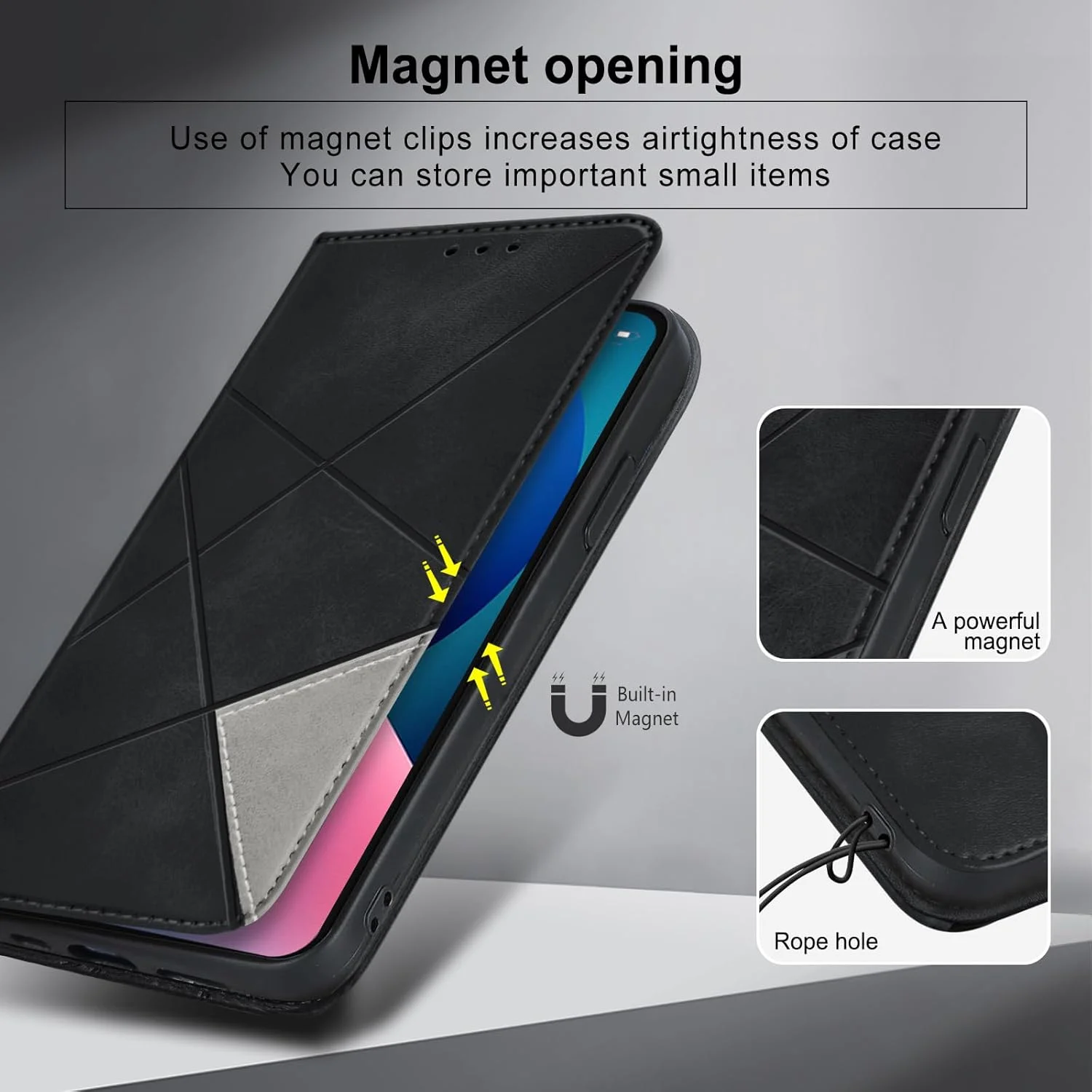 کیف پول چرمی پریمیوم گوشی آیفون 13 مدل bjnosdv، دارای 2 جای کارت، کاور ضد ضربه تاشو با قابلیت استند و جذب مغناطیسی پنهان - مشکی