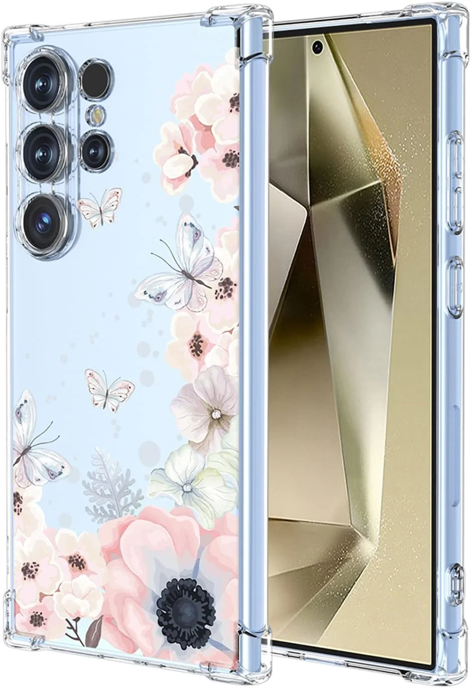 کاور ایلینگ برای سامسونگ گلکسی اس 25 اولترا 5G، طرح گلدار ظریف و قاب دخترانه طرح کارتونی زیبا، بامپر TPU نرم و شفاف فوق العاده باریک، قاب سیلیکونی ضد ضربه (گل های صورتی)