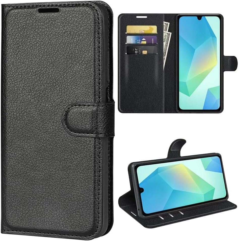 کیف پول چرمی T Tersely مناسب برای گوشی سامسونگ گلکسی A16 (2024)، کاور محافظ مغناطیسی تاشو با قابلیت استند و جای کارت - مشکی