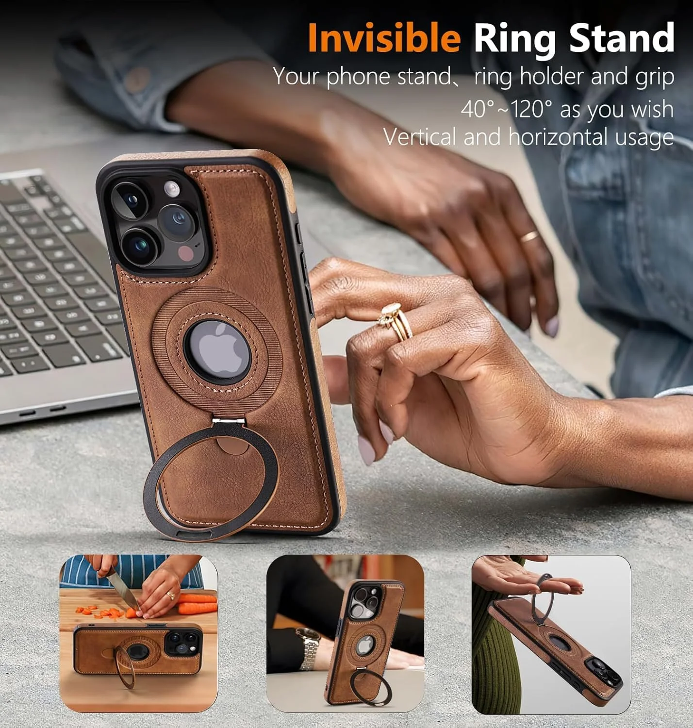 قاب چرمی مغناطیسی، محافظت در برابر سقوط در سطح نظامی، قاب پشتی باریک با پایه قابل تنظیم، سازگار با Magsafe، قاب تلفن باریک با پایه، قهوه ای (15 Pro Max)