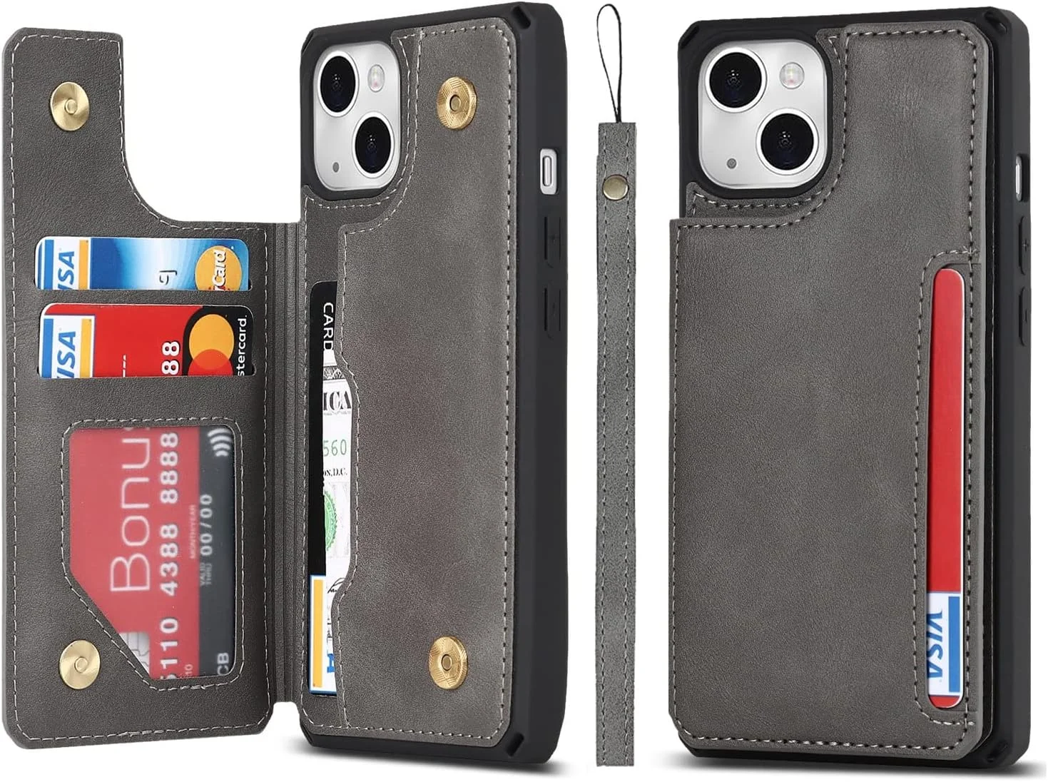 کاور گوشی آیفون 11 مدل کیف پول دار [دارای 4 جای کارت] [همراه با بند آویز] جلد چرمی PU ضد ضربه برای آیفون 11 - خاکستری